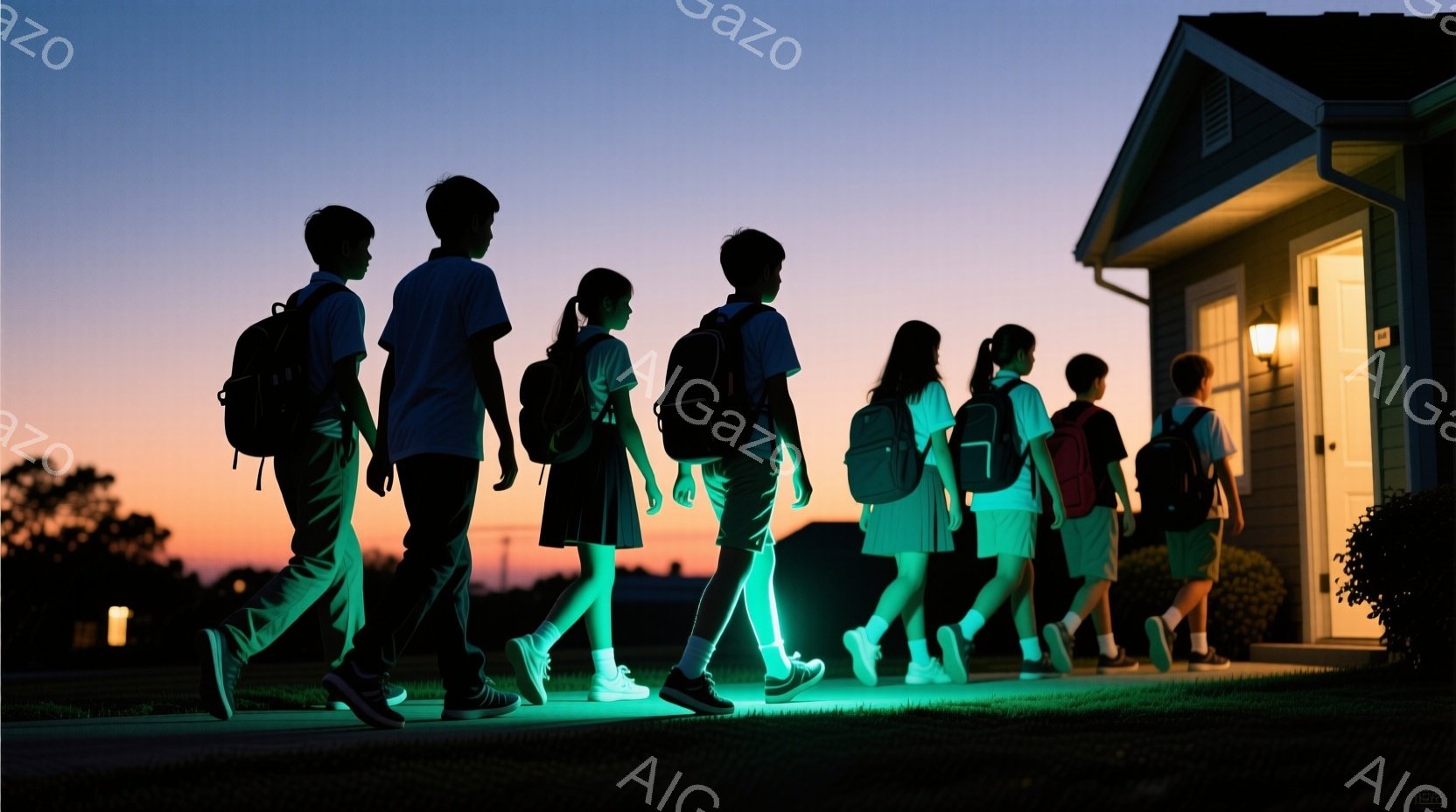 紺色の制服姿の少年少女たちが、夕暮れ時の住宅街の道を一列になって歩いている。彼らは皆、背中にリュックサックを背負い、前かがみになりながら、どこか決意を秘めた表情で歩いている。背景には穏やかな夕焼け空と、明かりの灯った家々が見え、静かで少し神秘的な雰囲気を醸し出している。