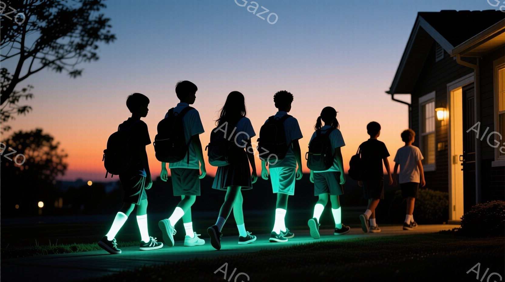 夜明けまたは夕暮れ時の住宅街の歩道に沿って歩く少年少女たちのシルエットが写っています。彼らは皆、ソックスとスニーカーを着用し、背中にリュックを背負っており、緑色の光で足元が照らされています。背景には、ライトの点灯した家と、穏やかな空が広がっており、少し神秘的で幻想的な雰囲気が漂っています。