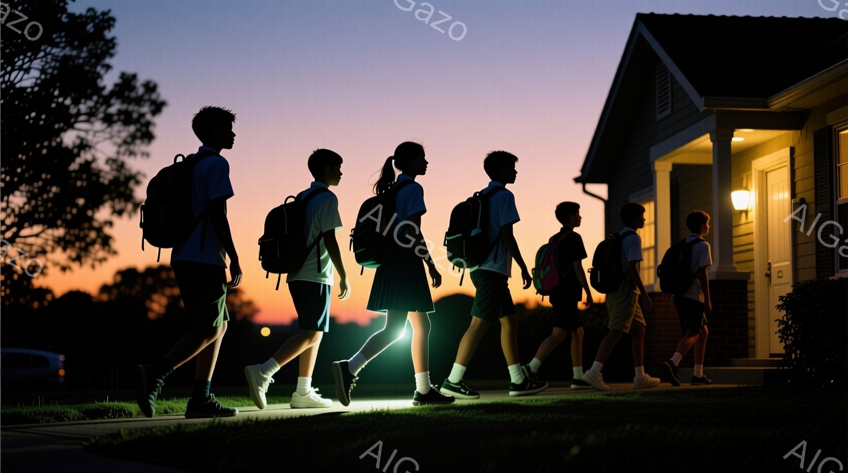 夕焼け空の下、制服を着た子供たちが一列になって歩いている。彼らは皆、背中にリュックサックを背負い、学校から帰路についている様子で、シルエットで描かれている。背景には、明るい光が灯った家と緑豊かな木々が見え、穏やかで静かな雰囲気を感じさせる。