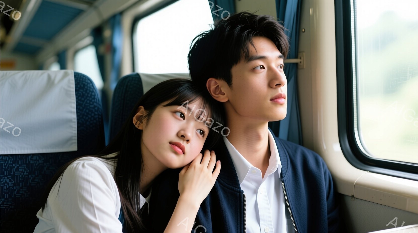 若い女性と男性が列車の中で寄りかかって座っています。女性は白いシャツを着ており、髪を後ろでまとめています。男性は紺色のジャケットと白いシャツを着ており、少し遠くを見つめています。