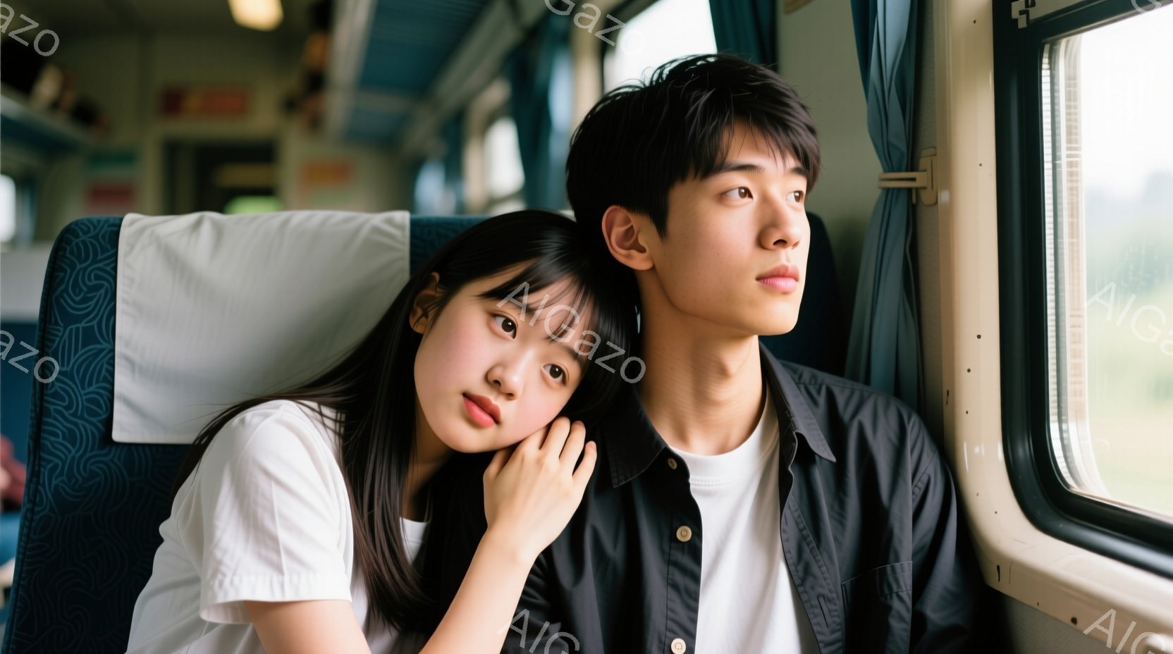 若い女性が男性の肩に頭を預けて座っており、二人は鉄道車両内で窓の外を見ています。女性は黒髪で白いシャツを着ており、少し微笑んでいます。男性は黒いジャケットを着ており、少し憂いを含んだ表情で遠くを見つめています。