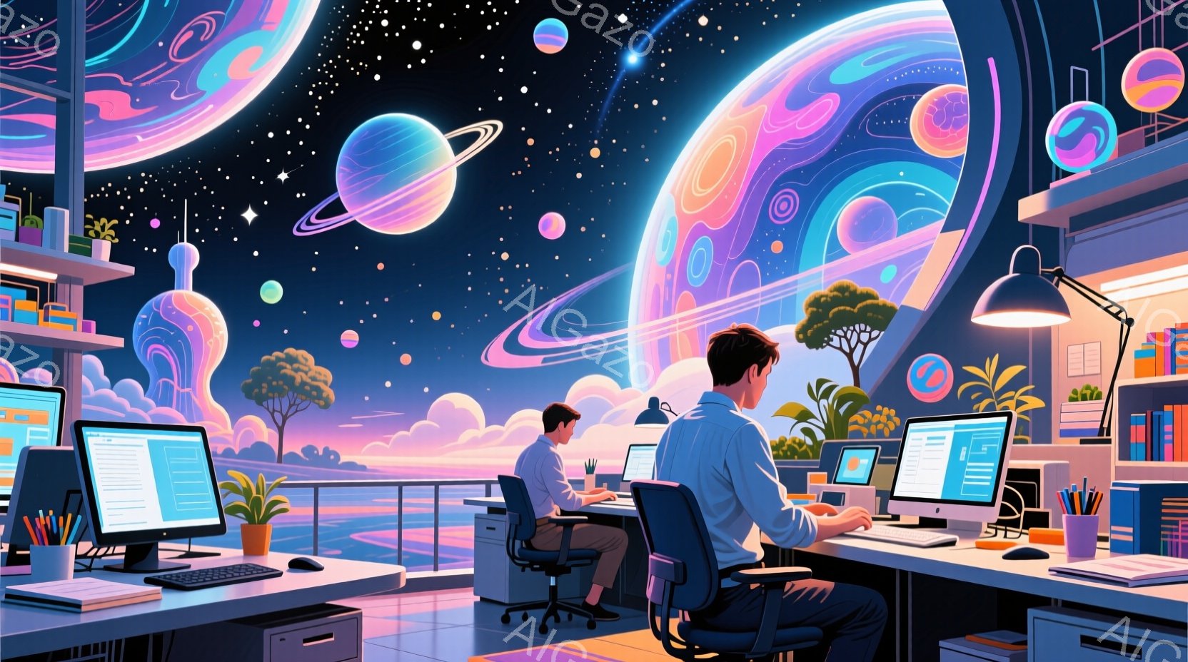 未来的なオフィスでコンピューターに向かって作業する二人の男性が描かれています。彼らはシャツとズボンを着用し、真剣な表情でキーボードを操作しています。背景には、雲の上に浮かぶカラフルな惑星や建物、そして植物が生い茂る幻想的な風景が広がっており、全体的に明るく希望に満ちた雰囲気です。