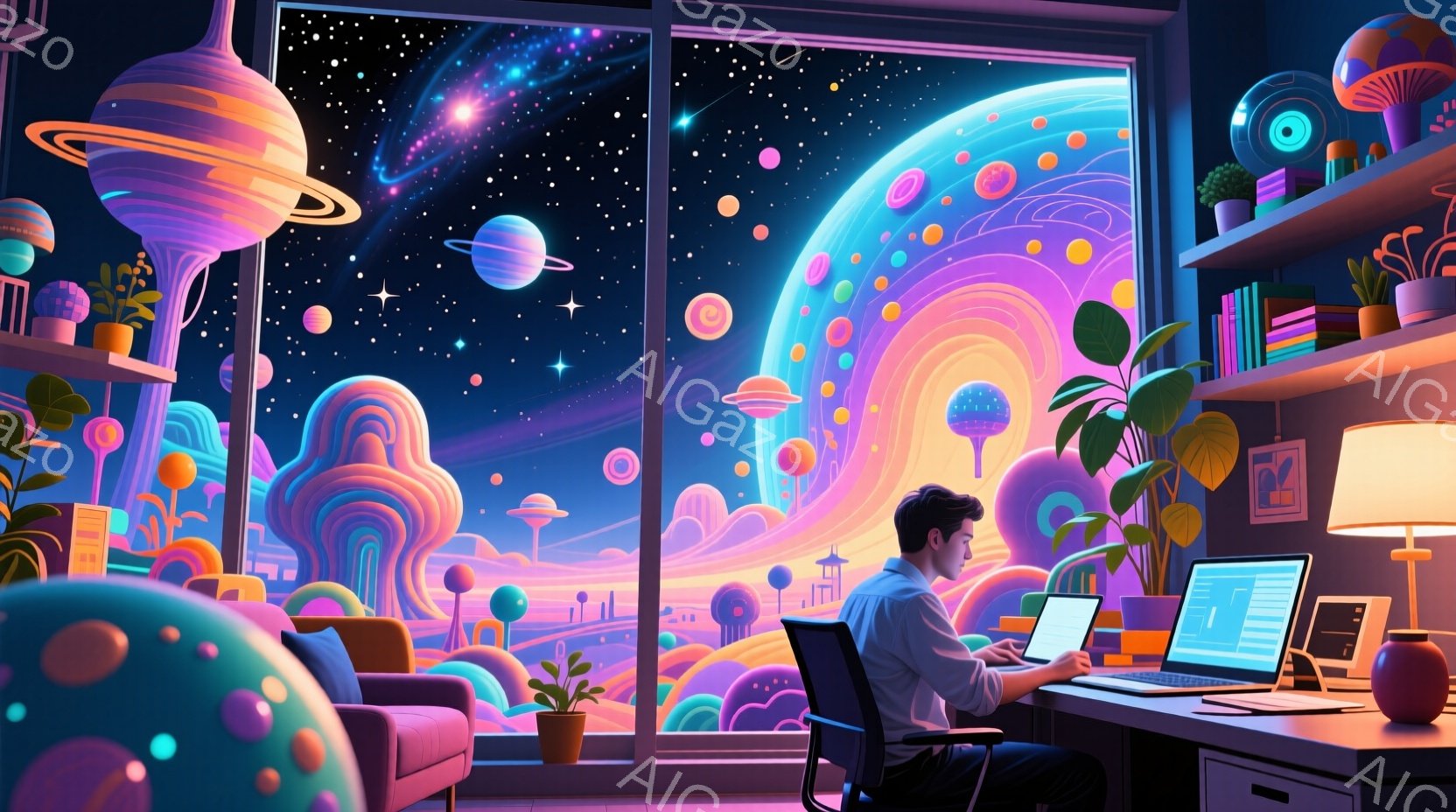 室内には、椅子に座ってラップトップを使用している男性がいます。彼は白いシャツを着ており、黒髪で、集中して画面を見つめています。窓の外には、カラフルな未来的な建物や植物、惑星が浮かぶ幻想的な夜景が広がっており、夢のような雰囲気を作り出しています。
