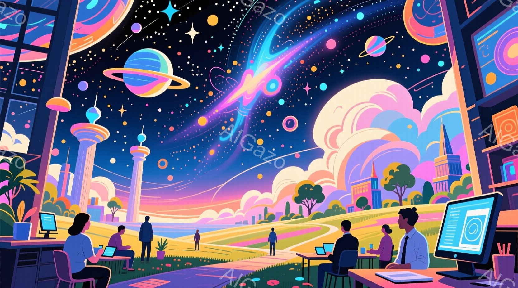 鮮やかな色彩で描かれたイラストで、未来的なオフィス空間と壮大な宇宙が融合しています。人々はカジュアルな服装でコンピューターに向かって作業しており、リラックスした表情で姿勢も自然です。背景には、雲の上に建つユニークな建築物、緑豊かな丘陵地帯、そして様々な惑星や星雲が広がり、夢幻的で創造的な雰囲気を醸し出しています。