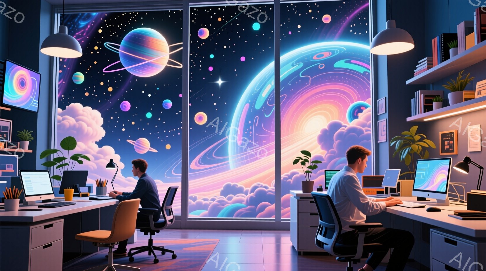 部屋には二人の男性がおり、それぞれ机に向かってパソコンを使っています。彼らはカジュアルな服装で、どちらも黒髪で、集中して作業に取り組んでいる様子がうかがえます。窓の外には、雲と惑星が浮かぶ幻想的な宇宙空間が広がり、部屋全体が明るく、創造的な雰囲気に包まれています。