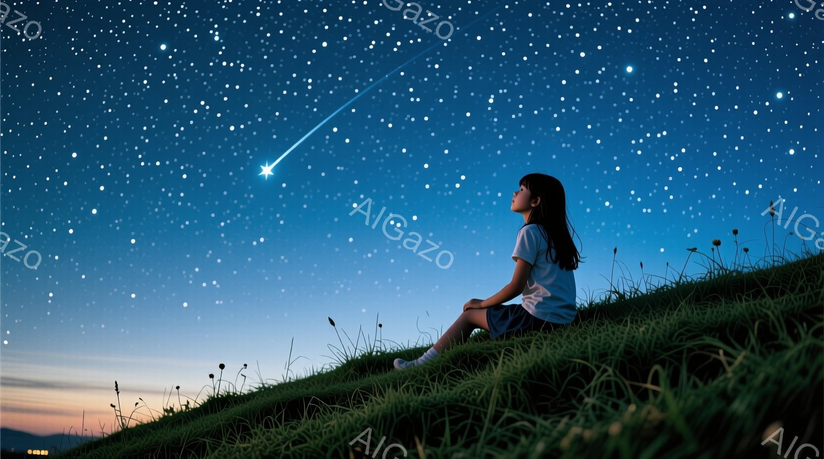 夜空を見上げる少女が、緑の丘に座って描かれている。彼女は白いTシャツと短パン姿で、黒い髪を後ろで束ねている。空には無数の星が輝き、流れ星が夜空を横切っている様子が、静かで幻想的な雰囲気を醸し出している。