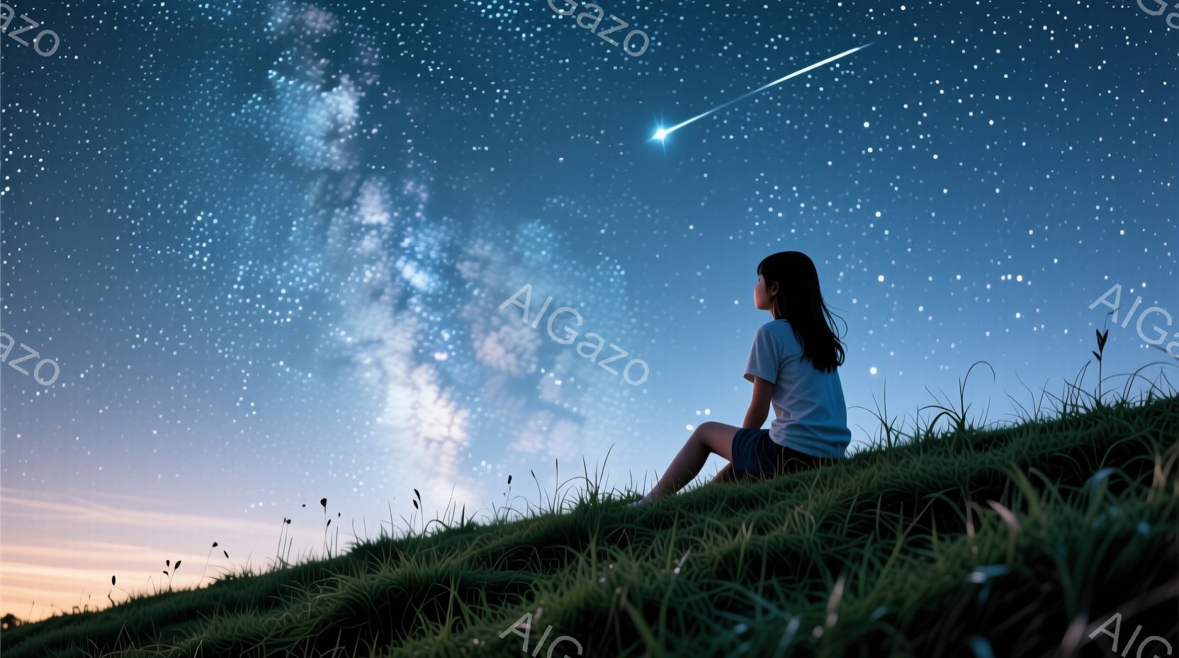 草の丘に座る少女は、短髪で白いTシャツを着ています。彼女は遠くを見つめており、表情は穏やかで、星空に願いを込めているようにも見えます。背景には、天の川が広がり、流れ星が輝いており、幻想的で平和な雰囲気を醸し出しています。