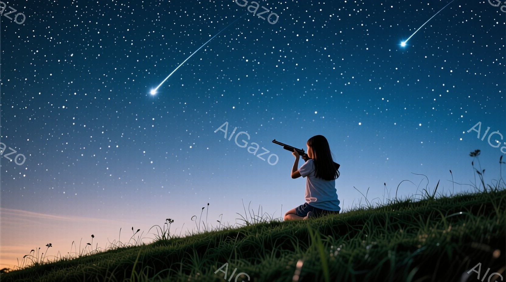 長い黒髪の女性が、緑の丘の上に跪き、何か筒状のものを空に向けて構えています。背景には無数の星が輝き、流星が一条見えます。夜空と緑の丘が広がり、静かで幻想的な雰囲気を醸し出しています。