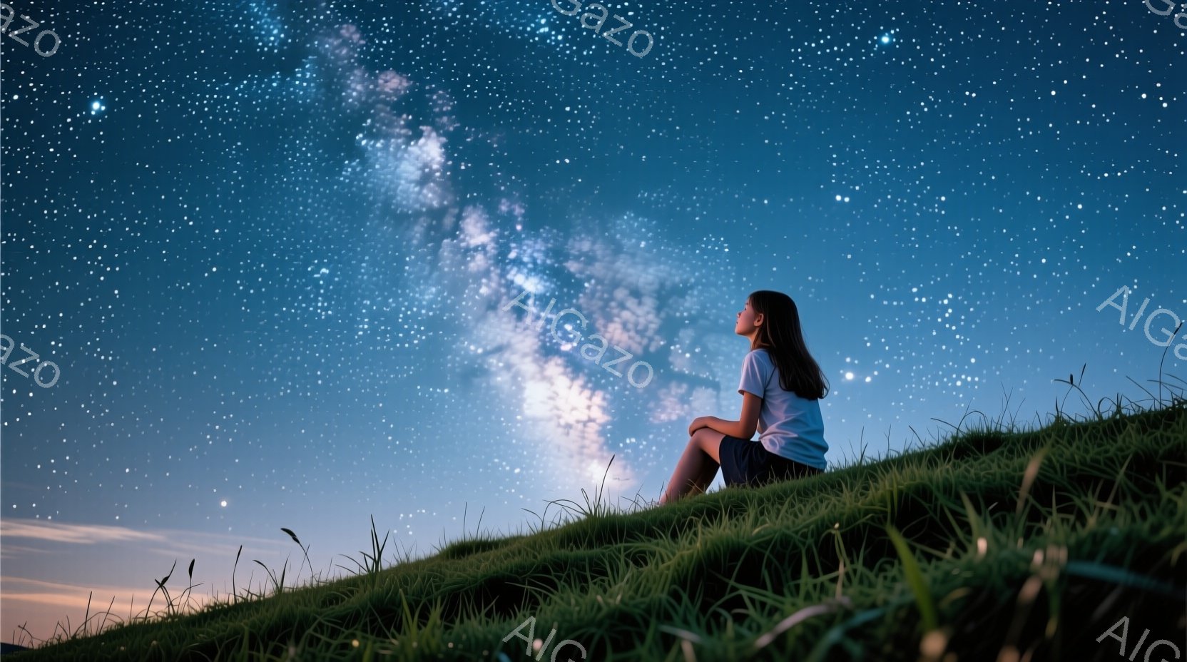 少女が緑の丘の上に座り、天の川を見上げている。彼女は白いTシャツと短いズボンを着用し、長い髪は後ろで一まとめになっている。背景は無数の星が輝く夜空で、神秘的で静かな雰囲気を醸し出している。 - AI生成フリー素材