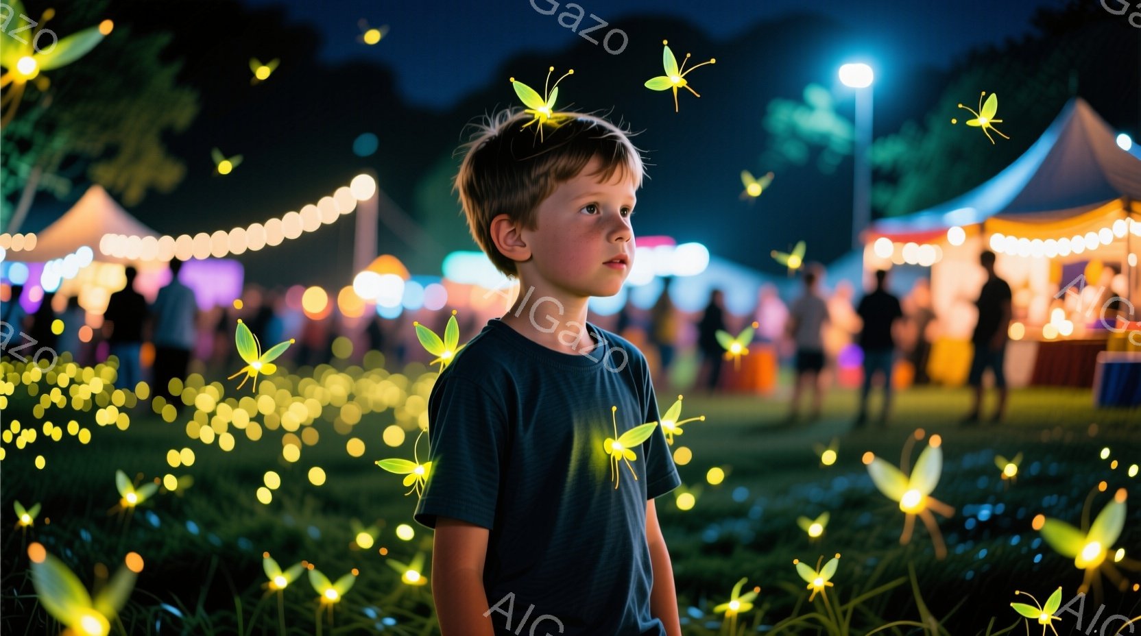 男の子が夜のイベント会場で、光る蛍のようなものが飛び交う中に立っている。彼は濃い青色のTシャツを着ており、少し無表情で遠くを見つめている。背景には、ぼんやりとした光の屋台やテント、そして緑の草地が広がり、幻想的な雰囲気を醸し出している。