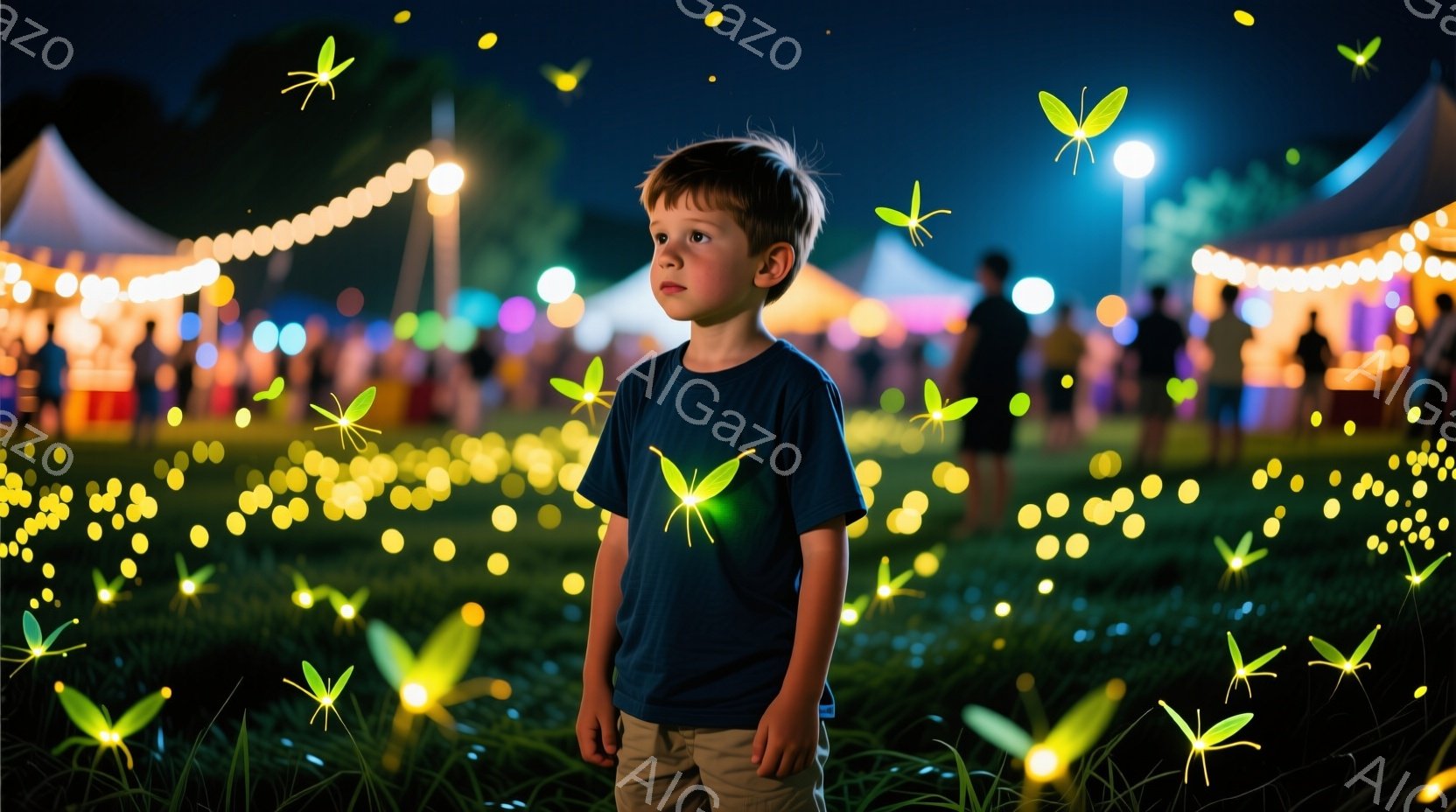 少年は青いTシャツとベージュ色のズボンを着用し、少し上を見つめています。周囲には無数の光る蛍が舞い、背景にはぼんやりと屋台や人々が見える夜の風景が広がっています。幻想的で少し物憂げな雰囲気が漂い、夏の夜の思い出を呼び起こさせるような光景です。