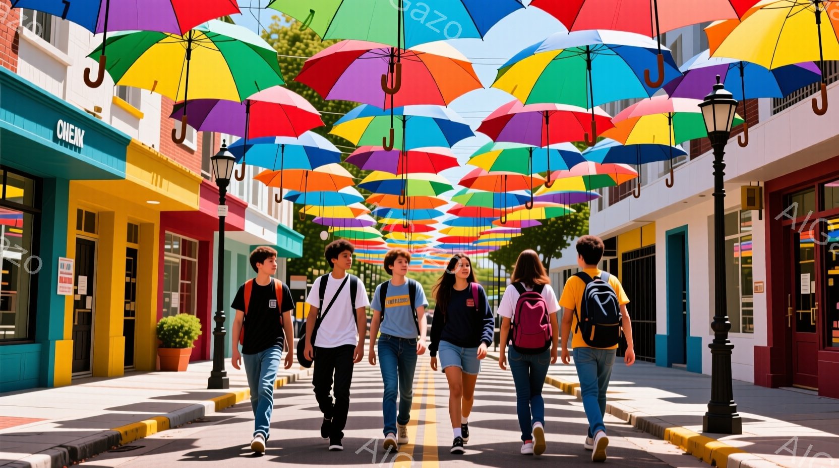 街路を歩く若い男女５人が写っている。彼らは皆バックパックを背負い、カジュアルな服装で、それぞれ異なる色の服を着ている。頭上には色とりどりの傘が並び、まるでトンネルのように空を覆っており、背景にはカラフルな建物が見える。