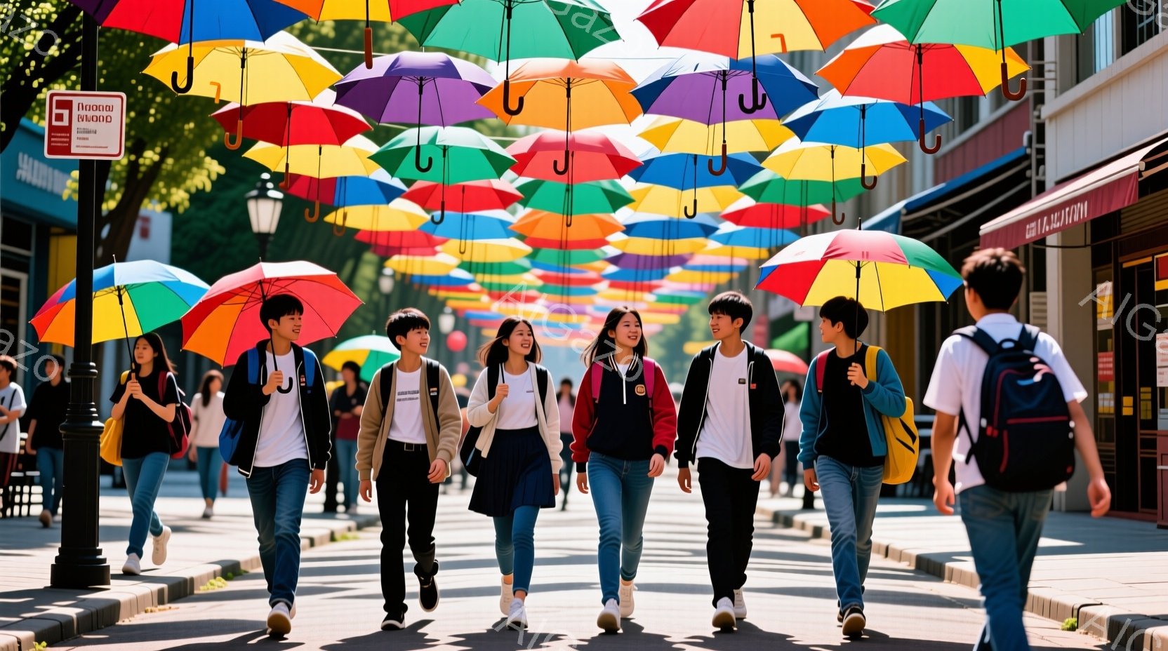 若者たちがカラフルな傘の下を歩いている、賑やかな通りの様子が描かれている。彼らは皆カジュアルな服装で、白いTシャツやジャケット、ジーンズなどを着ている。背景には石畳の道とヨーロッパ風の建物が並び、晴天の下で明るく活気のある雰囲気が漂っている。