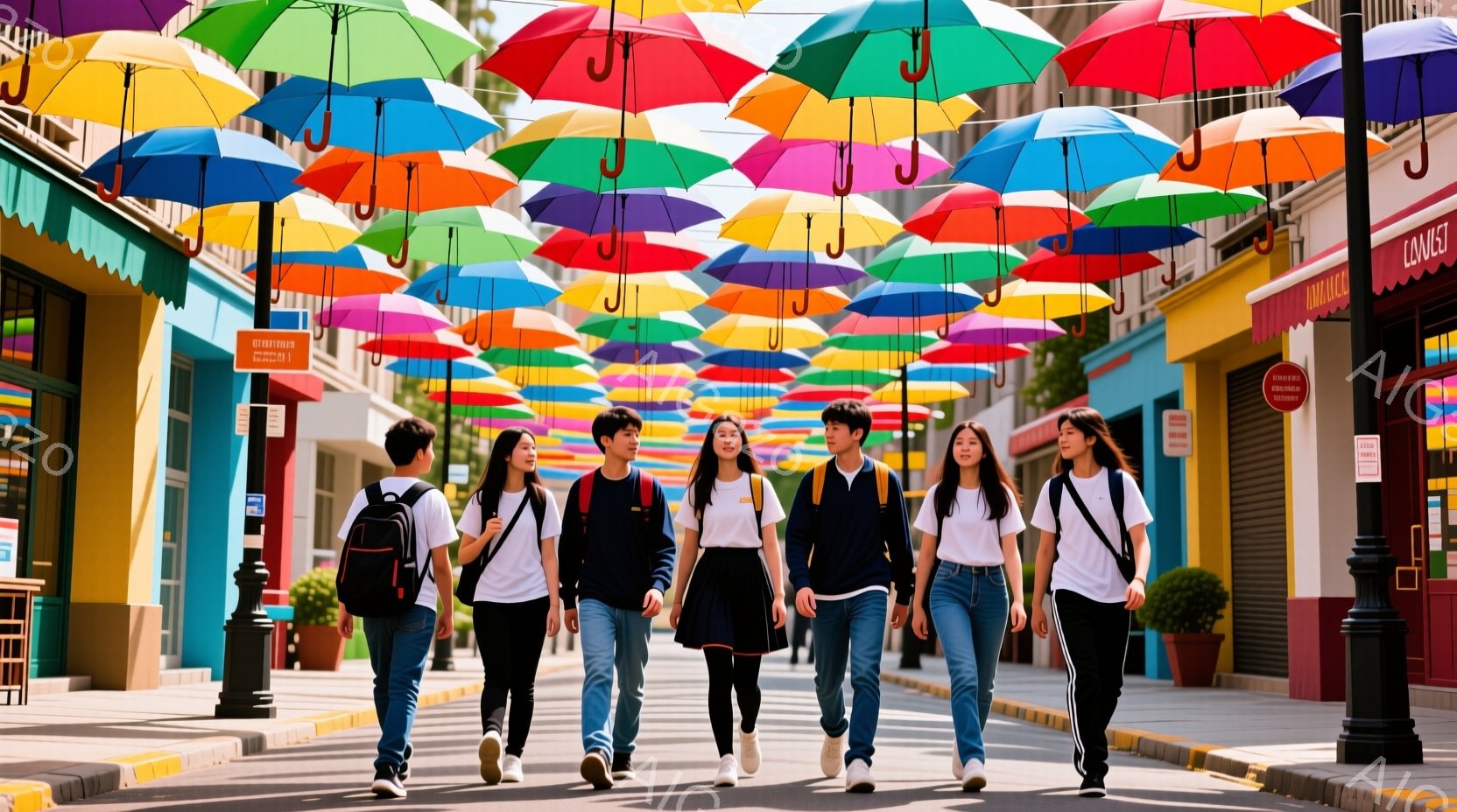 色とりどりの傘が空中に並び、まるでトンネルのような空間を作り出しています。若い男女グループがその下を歩いており、皆カジュアルな服装で、白いTシャツやデニムが多いです。背景にはカラフルな建物が並び、晴れた空と相まって、明るく活気のある雰囲気が漂っています。