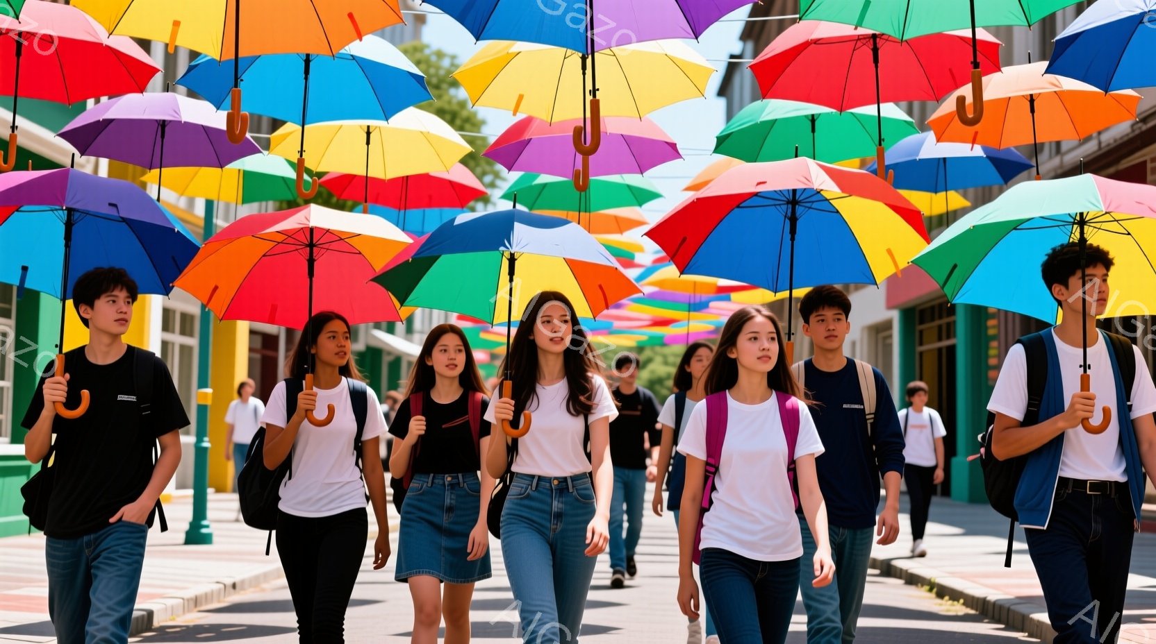 若者たちがカラフルな傘の下を歩いている写真です。彼らは皆、カジュアルな服装で、Tシャツとジーンズやスカートを着ており、リュックサックを背負っています。背景には建物が見え、傘が空を覆っていることで、明るく楽しい雰囲気が演出されています。