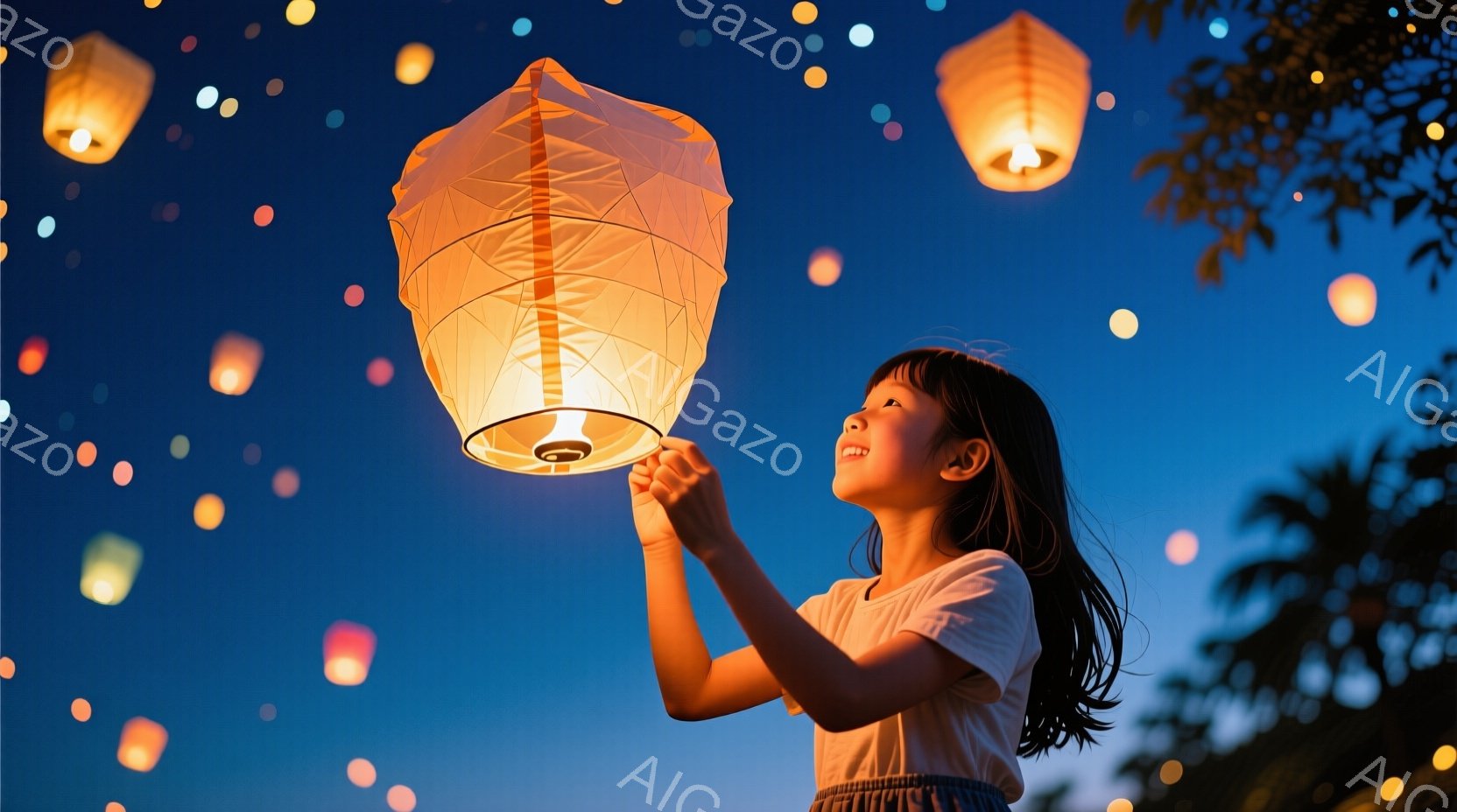 夜空を背景に、少女が提灯のような光る物体を空に向かって掲げています。彼女は白いTシャツとスカートを着ており、長い髪は後ろで自然に広がっています。明るい笑顔と見上げる表情から、喜びと希望に満ちた雰囲気が - AI生成フリー素材