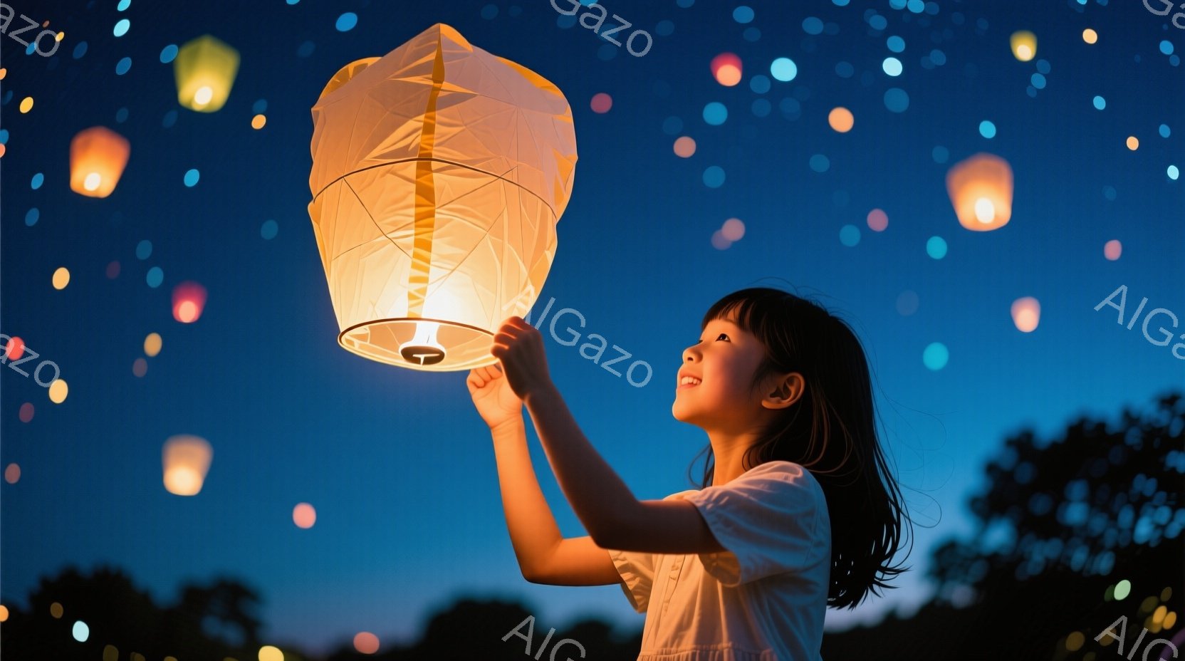 夜空を背景に、少女が提灯のような光る物体を空に向けて放とうとしている様子が写っています。彼女は白いシャツを着ており、黒い髪を後ろで結んでいます。明るい笑顔を浮かべ、見上げる姿勢から期待と喜びが伝わって - AI生成フリー素材