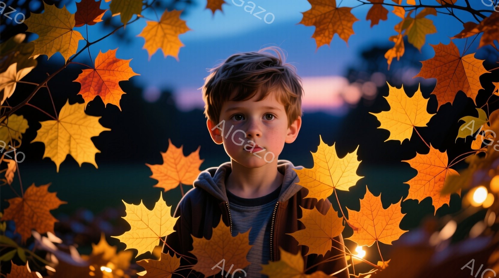 金髪の少年が、オレンジ色の紅葉に囲まれて正面を見つめている。少年はフード付きの暗い色のセーターを着ており、少し困ったような表情をしている。背景は夕焼け空と暗い緑の植物で、全体的に秋の落ち着いた雰囲気を醸し出している。