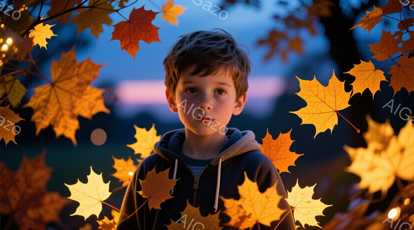 金髪の少年は、濃いグレーのジッパー付きパーカーを着て、少し困ったような表情で正面を見つめています。背景には、鮮やかなオレンジと黄色のカエデの葉が散りばめられ、夜明けのような柔らかな光が差し込んでいます。全体的に、秋の暖かく、少し物憂げな雰囲気が漂っています。