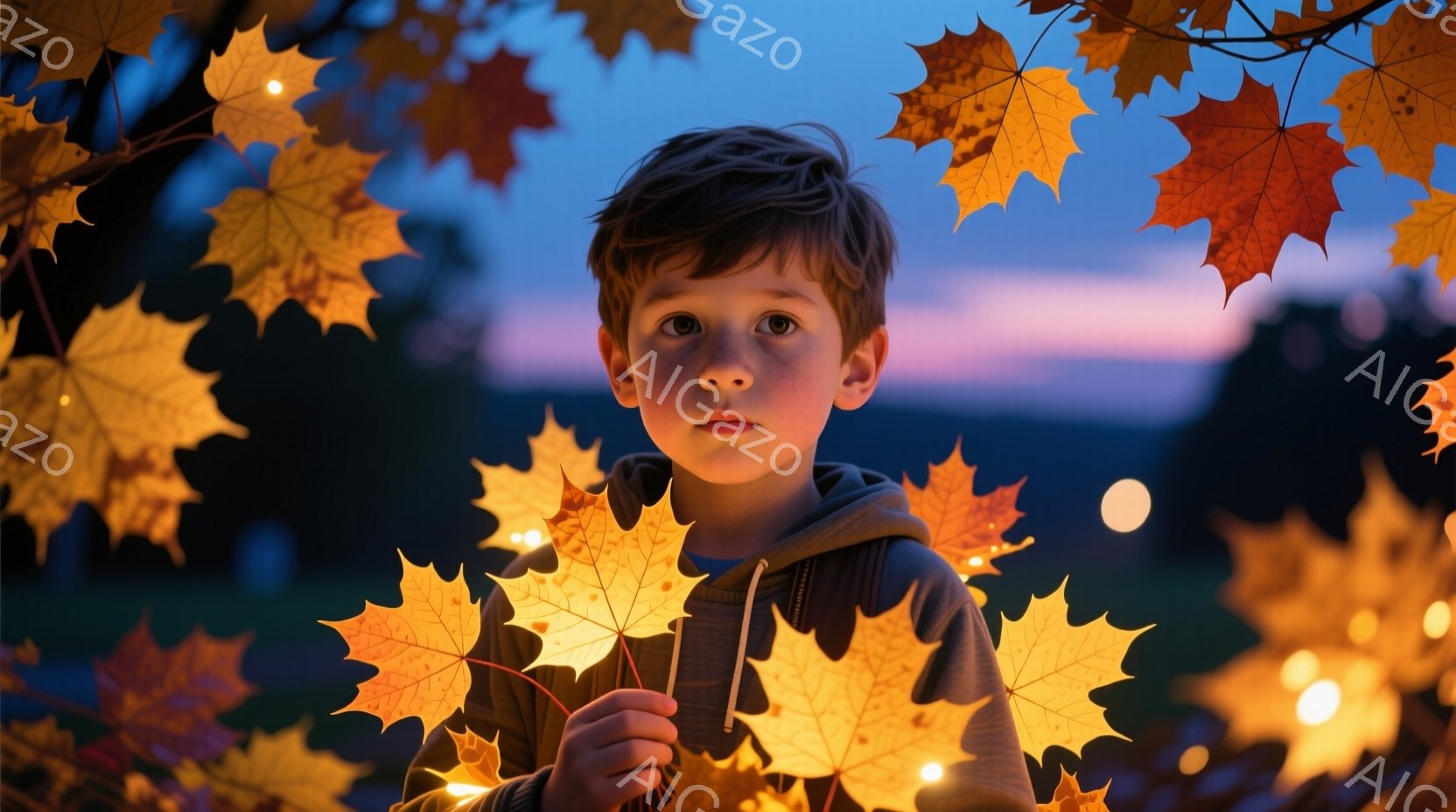 赤毛の少年が、オレンジと黄色の紅葉に囲まれて正面を見つめている。彼はフード付きのセーターを着ており、髪は短く無造作にセットされている。背景は夕暮れ時の空で、ぼんやりとした光が木々の間から差し込み、全体的に温かく、幻想的な雰囲気を作り出している。