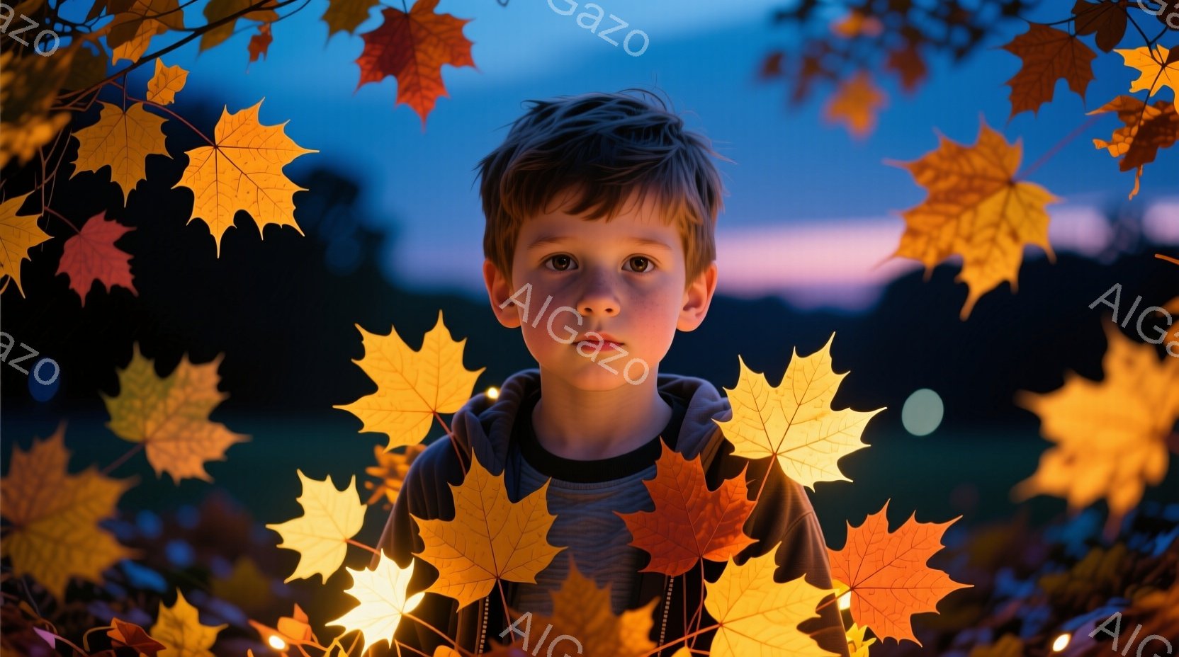 若い少年が、燃えるようなオレンジと黄色の紅葉に囲まれて立っている。彼はグレーのトップスを着ており、茶色の髪は少し無造作に整えられている。背景は夕暮れ時の空とぼやけた緑で、全体的に暖かく、幻想的な雰囲気 - AI生成フリー素材