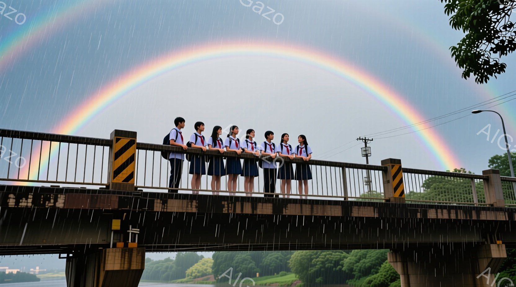 制服を着た中学生または高校生と思われる6人の少女が、川にかかる橋の上で肩を並べて立っています。彼女たちは紺色のブレザーに白いシャツ、チェックのスカートという服装で、髪はショートヘアやポニーテールにされ - AI生成フリー素材