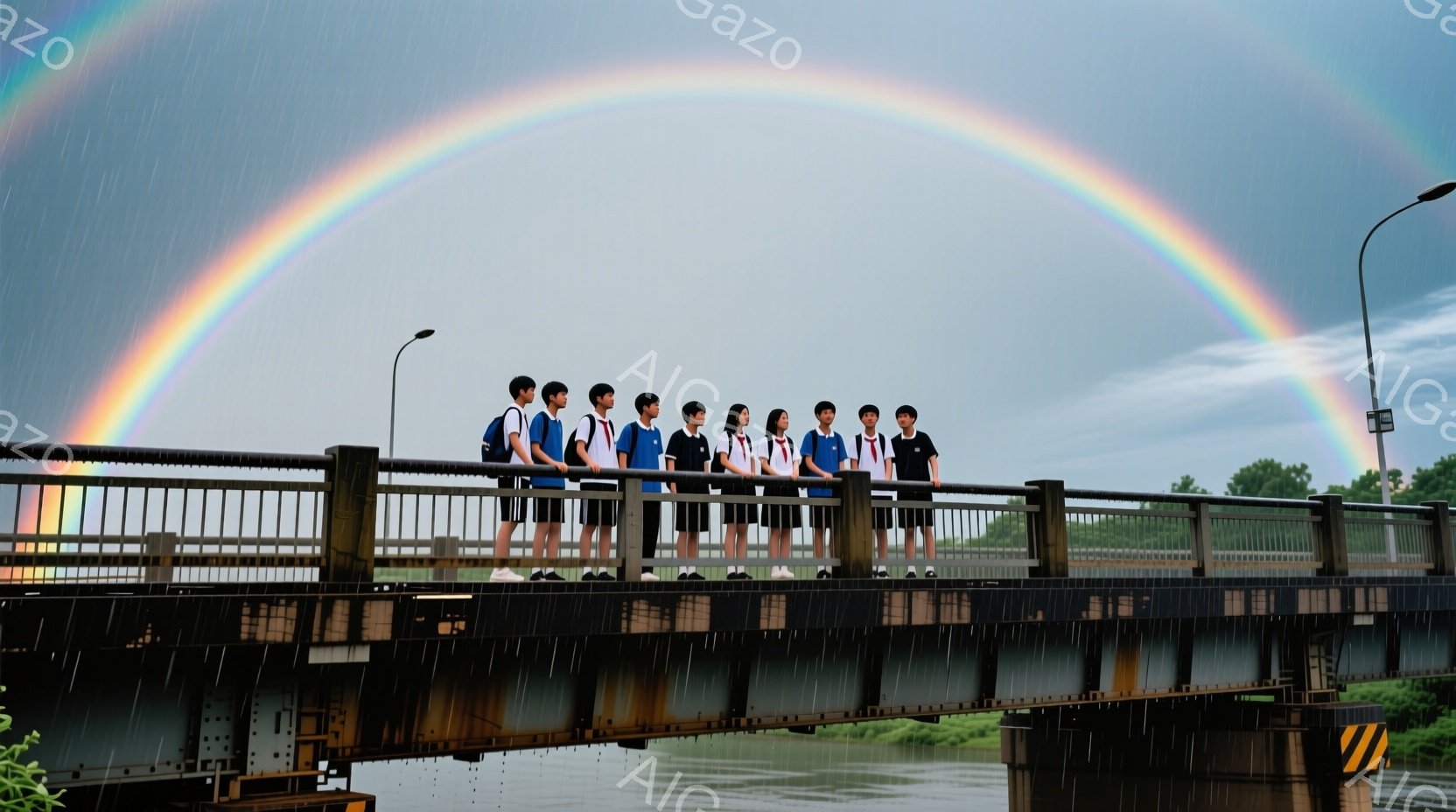 橋の上に、制服を着た中学生または高校生と思われる男子生徒たちが一列に並んでいます。彼らは皆、白いシャツに紺色のズボンまたはスカート、そして白いスニーカーを履いており、顔ははっきりと見えませんが、姿勢はまっすぐで、どこか緊張しているように見えます。背景には、緑豊かな木々と、雨上がりの空にかかる美しい虹が広がっており、全体的に爽やかで少しノスタルジックな雰囲気を醸し出しています。