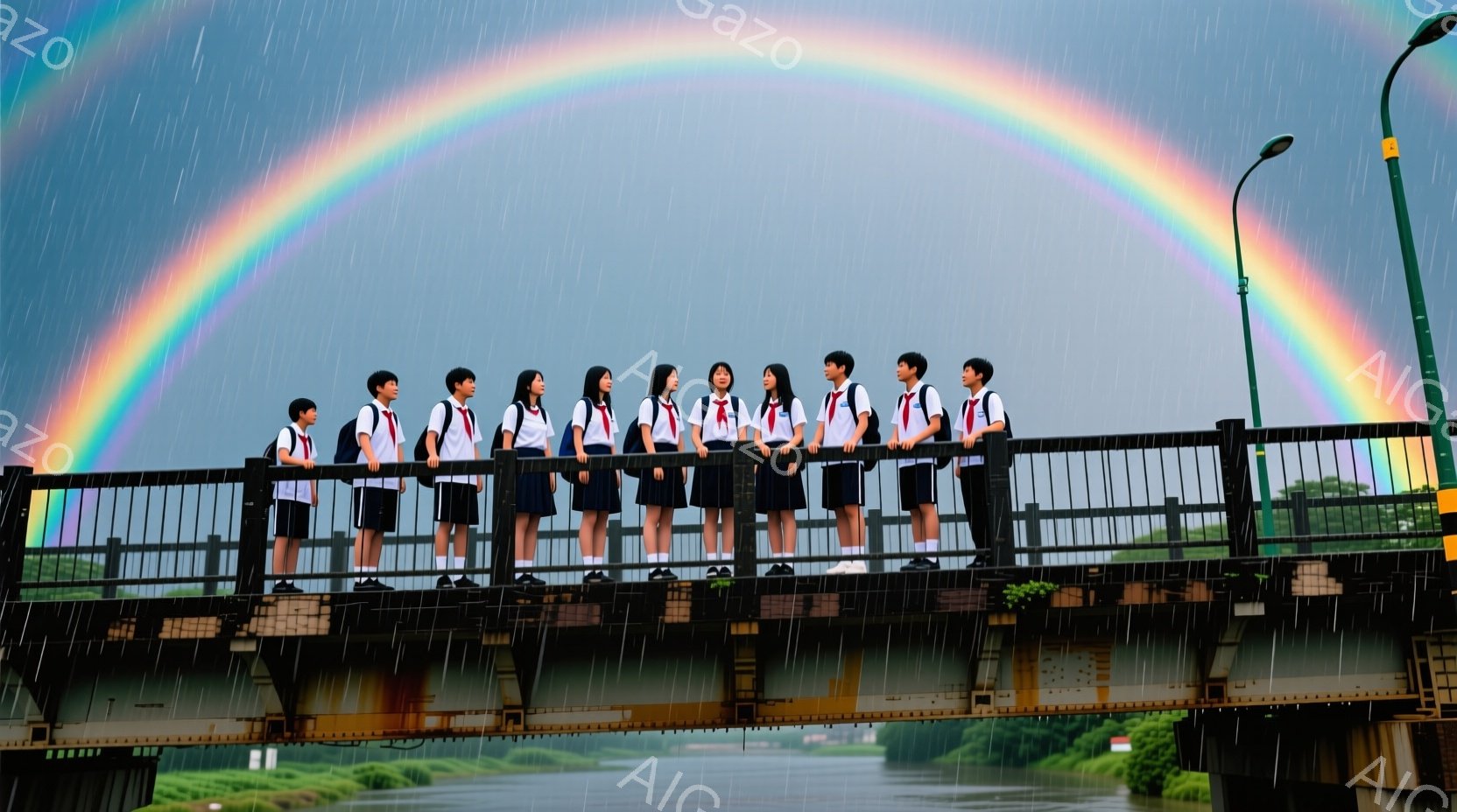 鉄橋の上に、制服を着た生徒たちが一列に並んで立っている。彼らは皆、白いシャツと紺色のスカートまたはズボンを着用し、赤いリボンを締めている。背景には、雨が降る曇天と、鮮やかな虹が架かる空が広がり、全体的に少し寂しげでありながらも希望に満ちた雰囲気が漂っている。