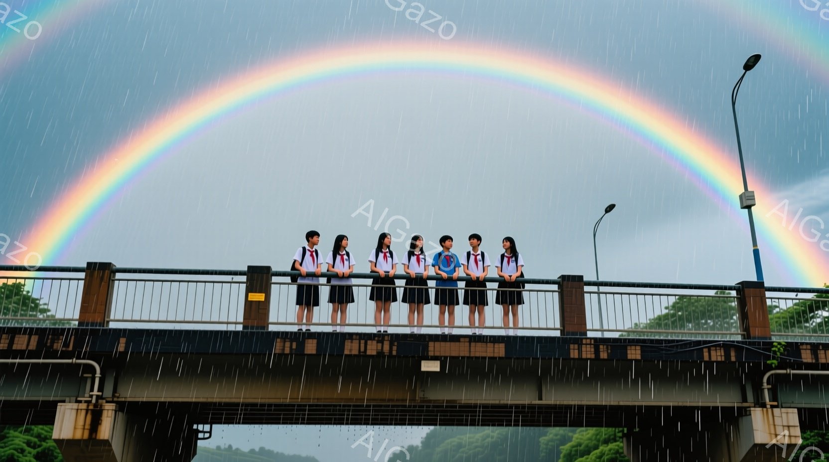 セーラー服を着た女子高生が、コンクリートの橋の上で肩を並べて立っている様子が写っている。彼女たちは皆、髪を長く伸ばし、正面を見据えているが、表情ははっきりと読み取れない。背景には緑豊かな風景と、雨が降る曇天が広がり、橋の上には虹がかかり、希望に満ちた、少しノスタルジックな雰囲気を醸し出している。