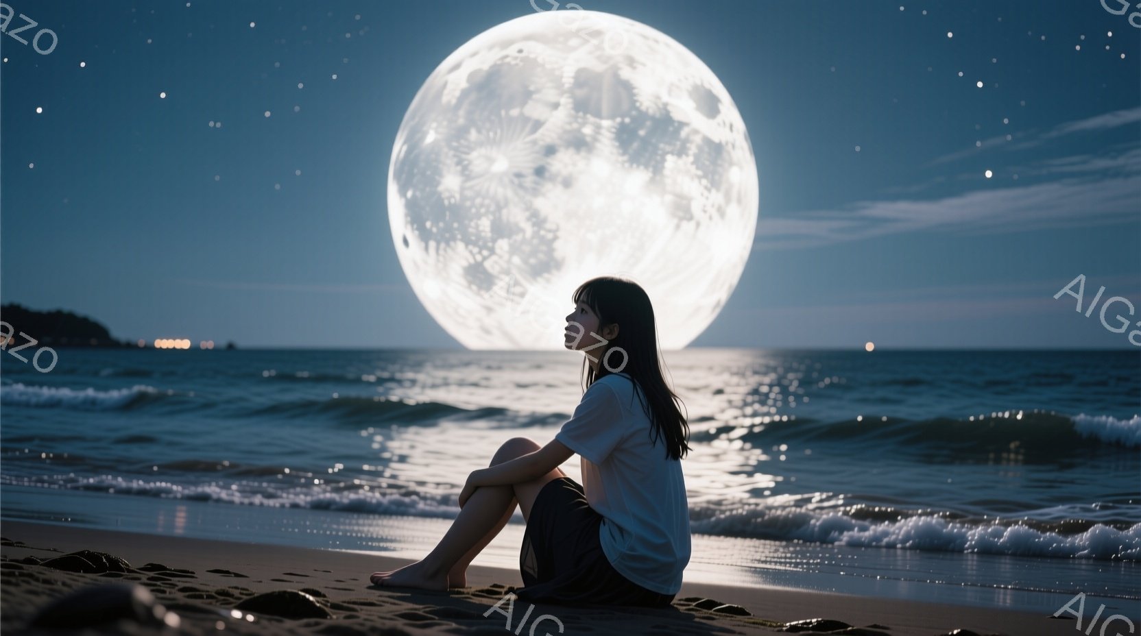 暗い砂浜に座る若い女性が描かれています。彼女は白いTシャツと黒いショートパンツを着ており、長い黒髪を背中に垂らしています。満月が海面から大きく浮かび上がり、波が穏やかに打ち寄せ、星空が広がっています。 - AI生成フリー素材