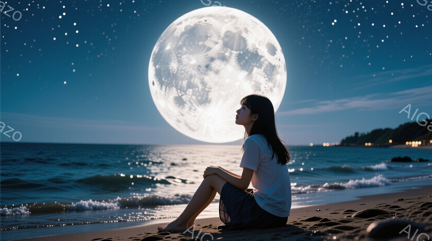 黒髪の女性が砂浜に座り、遠くの海を見つめています。白いTシャツと短いズボンを身につけ、足は裸です。背景には満月が輝き、波が穏やかに打ち寄せ、星空が広がっています。