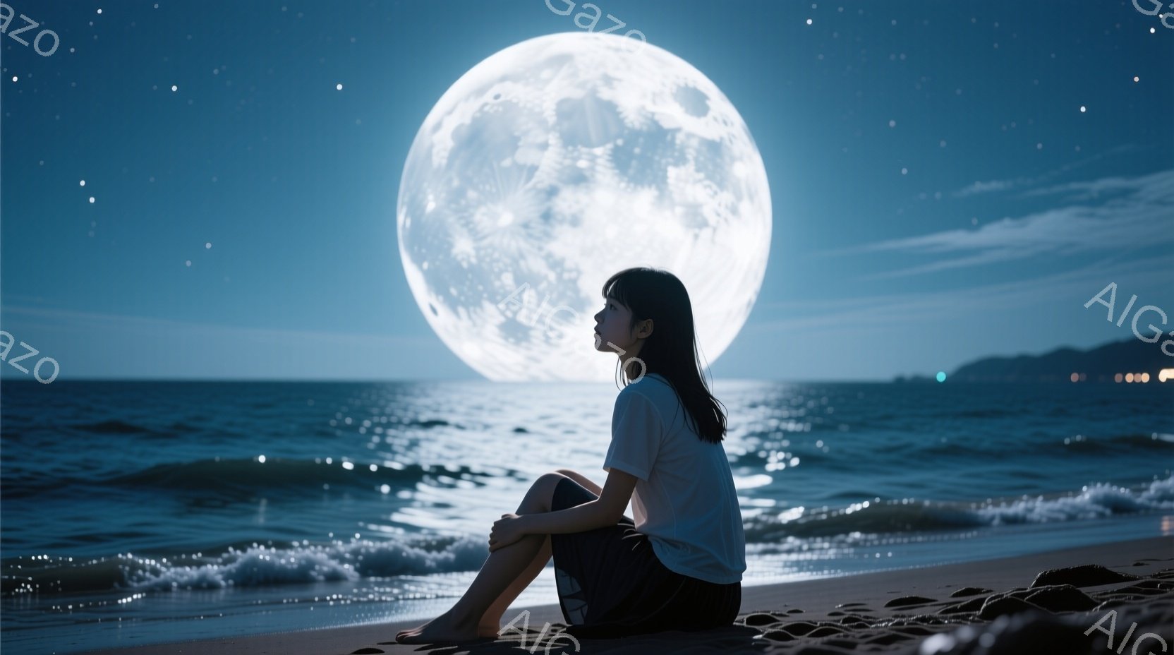 暗い砂浜に座る若い女性が描かれています。白いTシャツと黒いショーツ姿で、足は砂浜に埋まっています。彼女は遠くを見つめ、物思いにふけっているような表情で、背景には満月と打ち寄せる波が見え、静寂で幻想的な - AI生成フリー素材