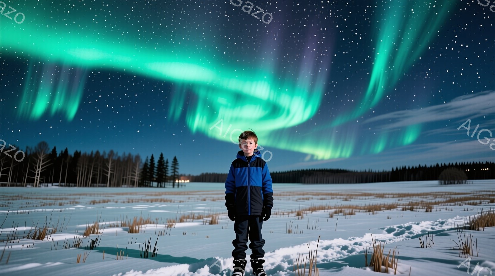 少年は雪原の中央に立ち、青と黒のジャケットとズボン、手袋を着用し、短髪で表情は穏やかである。背景にはうっすらと針葉樹林が見え、夜空には緑色のオーロラが壮大に広がっている。全体的に、静かで神秘的な冬の夜の雰囲気が漂っている。
