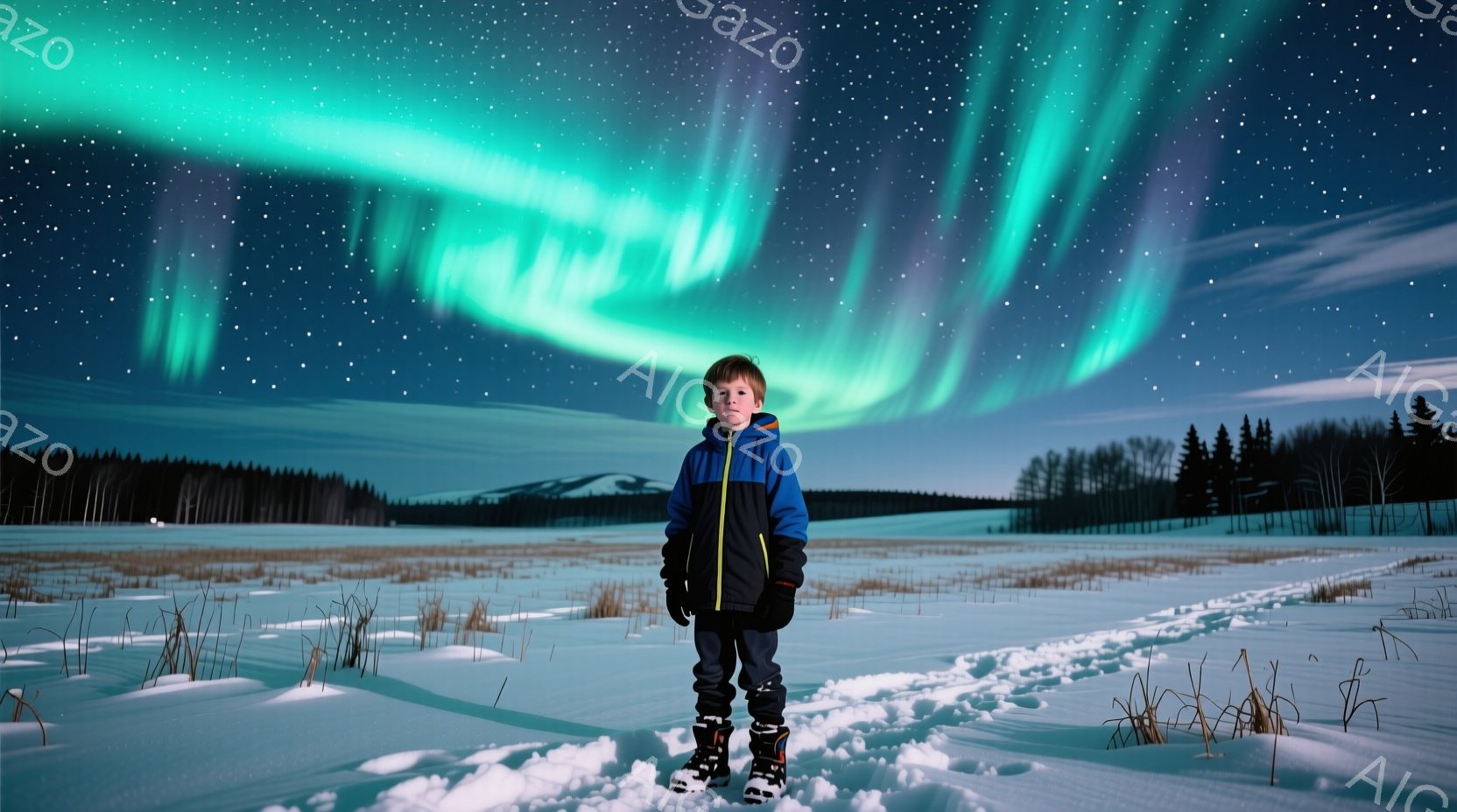 少年は雪原に立ち、黒、青、黄色のジャケットと黒いズボン、そして雪の中で歩くためのブーツを身につけています。彼は正面を見据え、少し緊張した表情で、少し微笑んでいるように見えます。背景には針葉樹林が広がり、空には緑色のオーロラが幻想的な光を放っています。