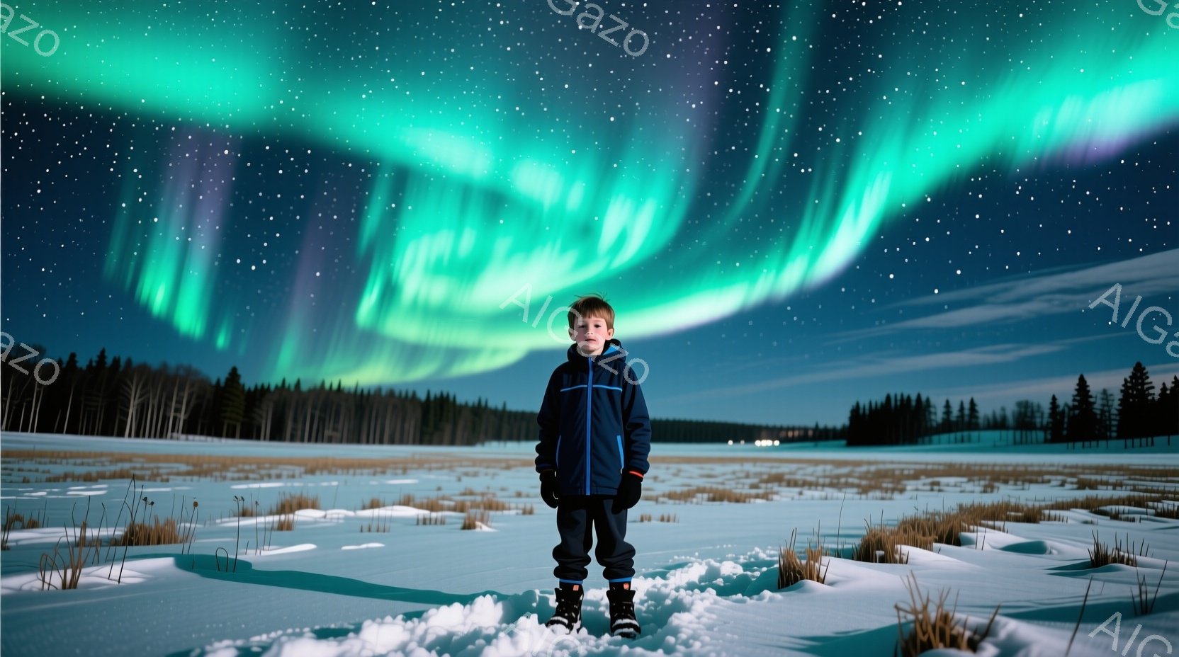 雪原に立つ少年は、濃い青色のジャケットと黒いズボン、ブーツを着用し、冬の寒さから身を守っています。彼の髪は短く、表情は少し緊張しているように見え、遠くのオーロラを見上げているようです。背景には、雪に覆 - AI生成フリー素材