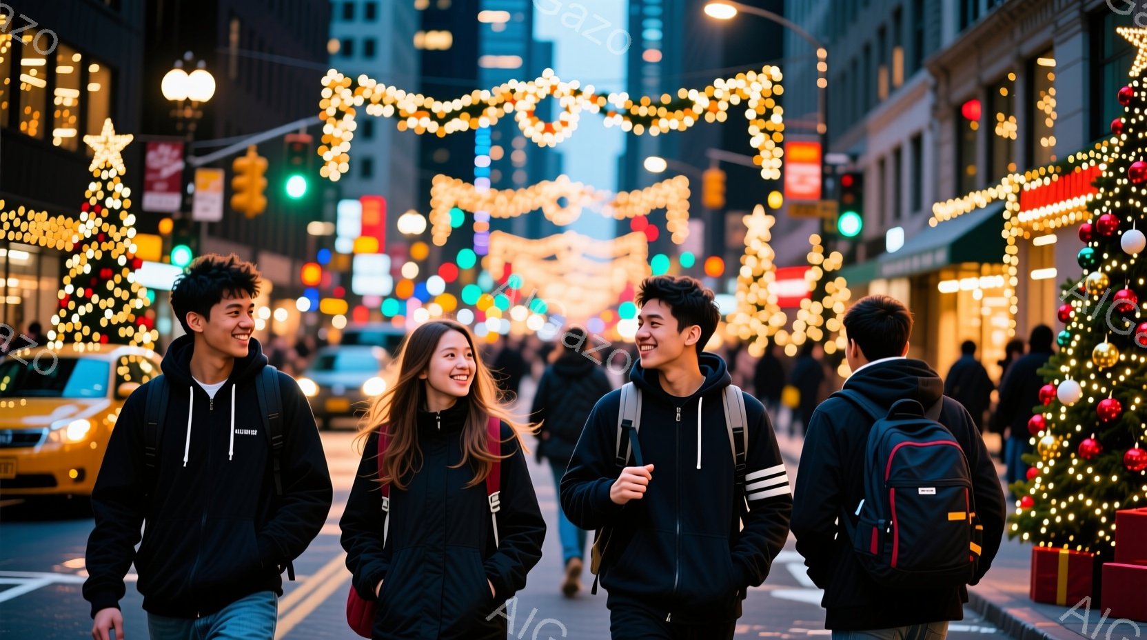 ニューヨークの街を歩く若い男女4人が写っている。彼らは皆、黒いパーカーを着てリュックを背負っており、カジュアルな服装をしている。背景には、クリスマスイルミネーションで飾られた街並みや、多くの通行人が見 - AI生成フリー素材
