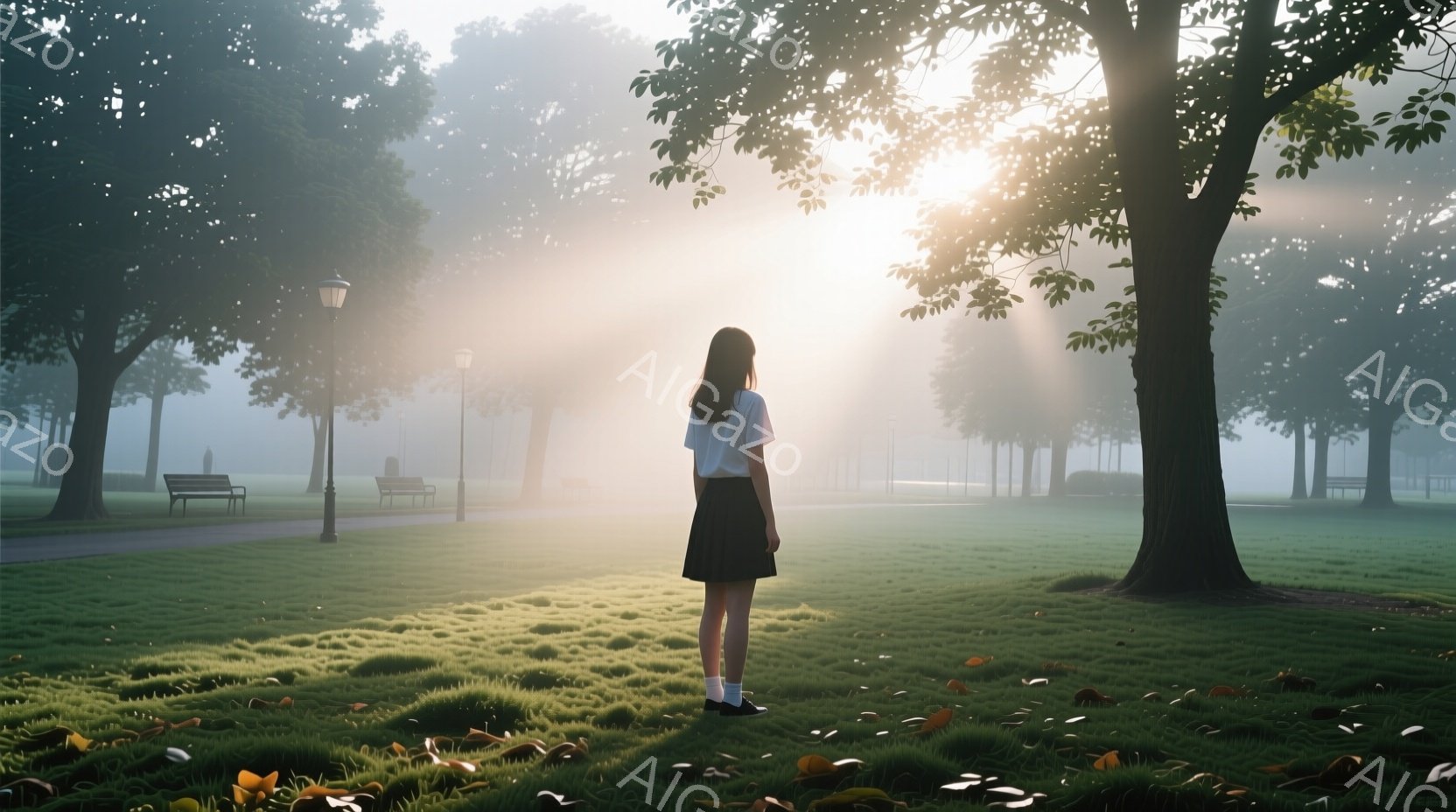 短い黒いスカートと白いTシャツを着た少女が、緑豊かな公園で背を向けて立っている。太陽の光が木々の間から差し込み、霧が立ち込める中で幻想的な雰囲気を醸し出している。公園にはベンチや街灯があり、少女は静かに何かを考えているかのように見える。