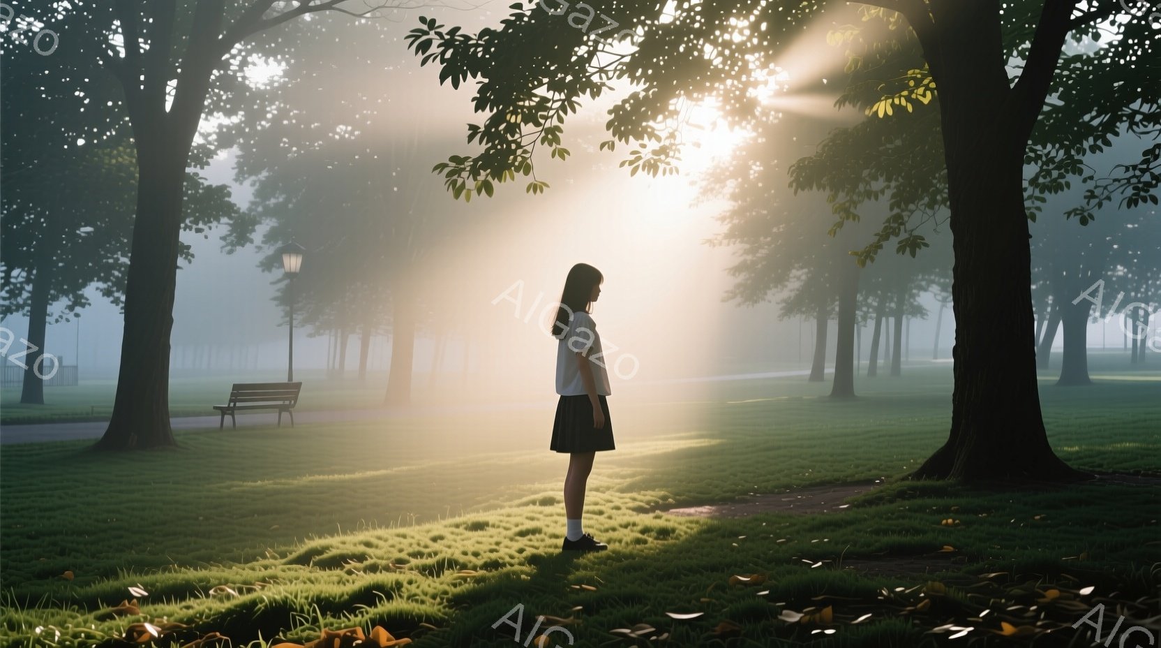 緑豊かな公園に立つ少女は、白いTシャツと黒いスカート、そして黒い靴を履いている。彼女は後ろを振り返ることなく、どこか遠くを見つめ、少し物憂げな表情を浮かべている。背景には朝霧が立ち込め、木々の間から差し込む太陽の光が幻想的な雰囲気を醸し出している。