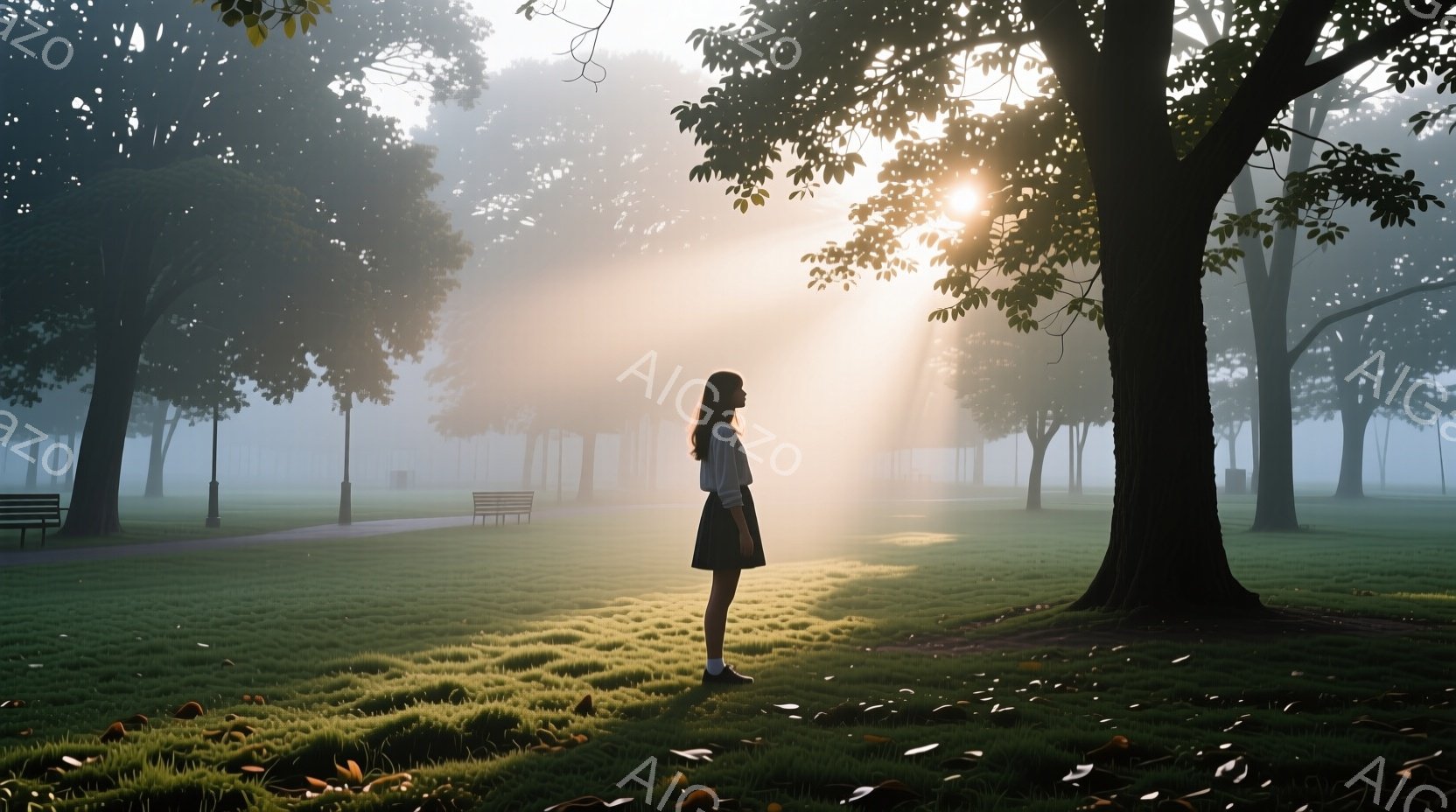 長い髪を背中に伸ばした若い女性が、緑の芝生の上に立っている。彼女は黒いトップスと紺色のスカートを身に着け、遠くに見える光に向かって静かに立っている。背景には霧に包まれた木々と、ぼんやりとベンチが見え、神秘的で穏やかな雰囲気を醸し出している。
