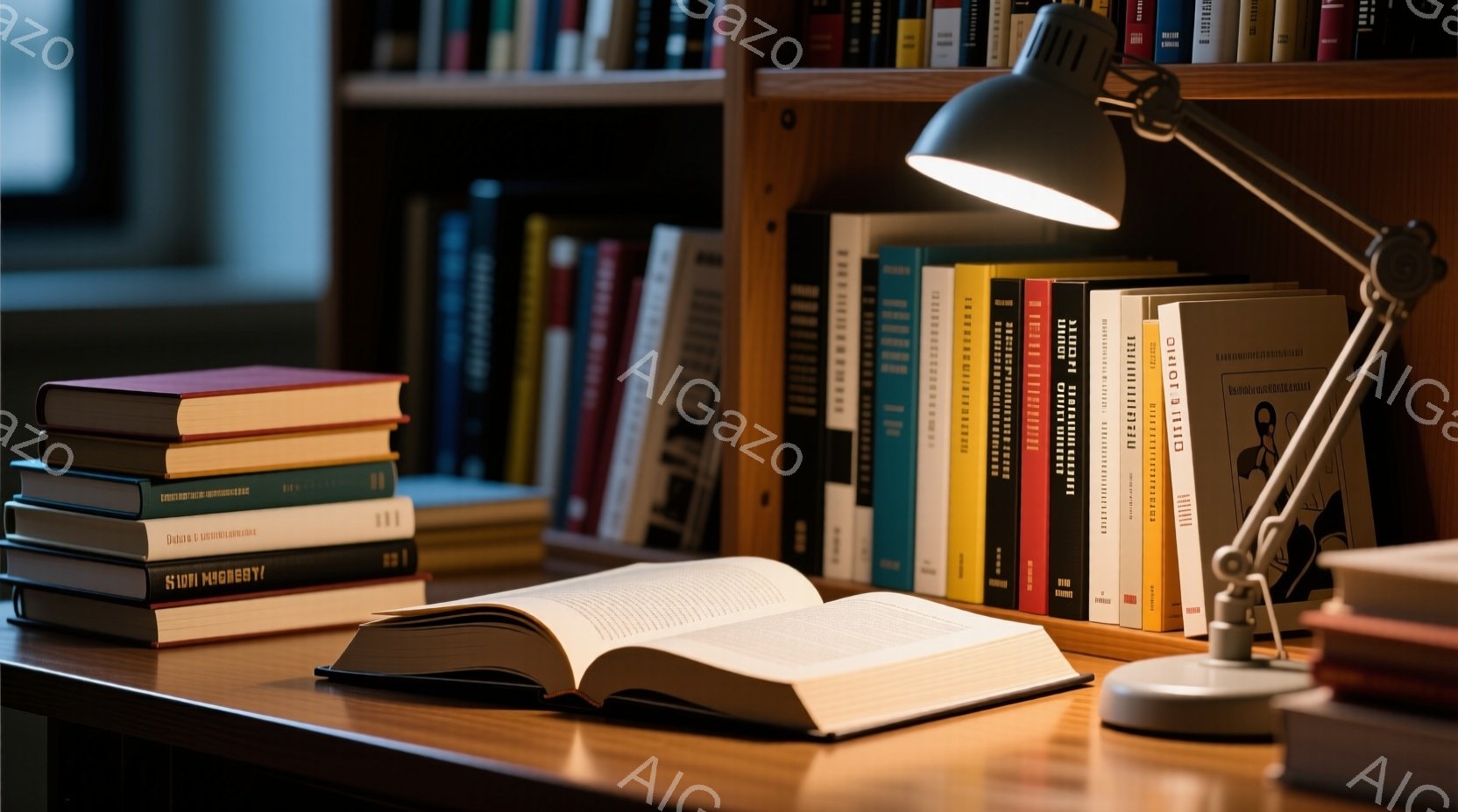 机の上には、開かれた本と積み重ねられた本が置かれ、背景には本棚が並んでいます。暖色系の照明が本を照らし、落ち着いた学習空間を演出しています。全体的に静かで知的な雰囲気が漂い、読書や研究に集中できる環境が表現されています。