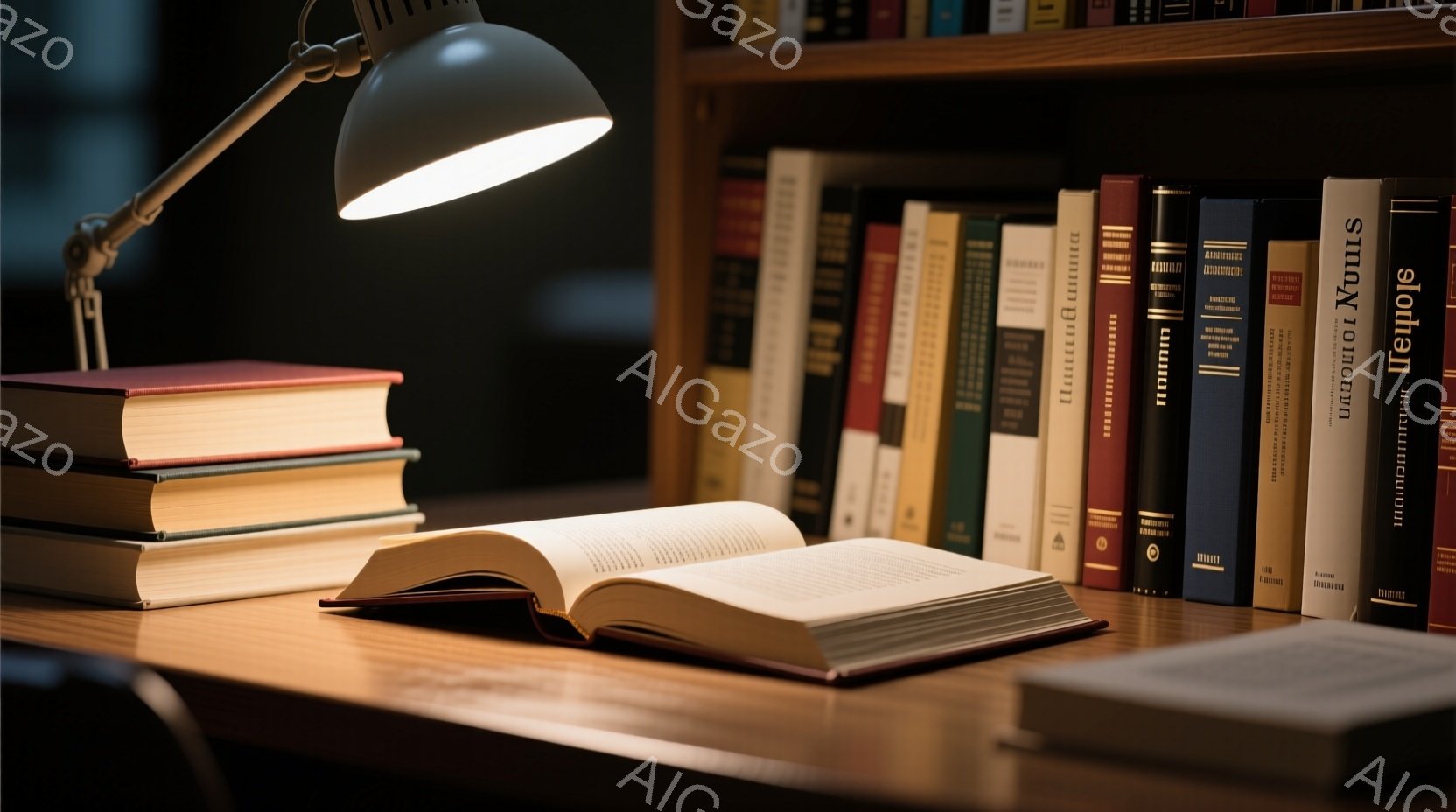 机の上には、開かれた本と積み重ねられた本が置かれており、その上にデスクランプの光が当たっている。背景には、様々な色の背表紙を持つ本棚が並び、落ち着いた読書空間を演出している。暖色系の光と木製の家具が、静かで知的な雰囲気を醸し出している。