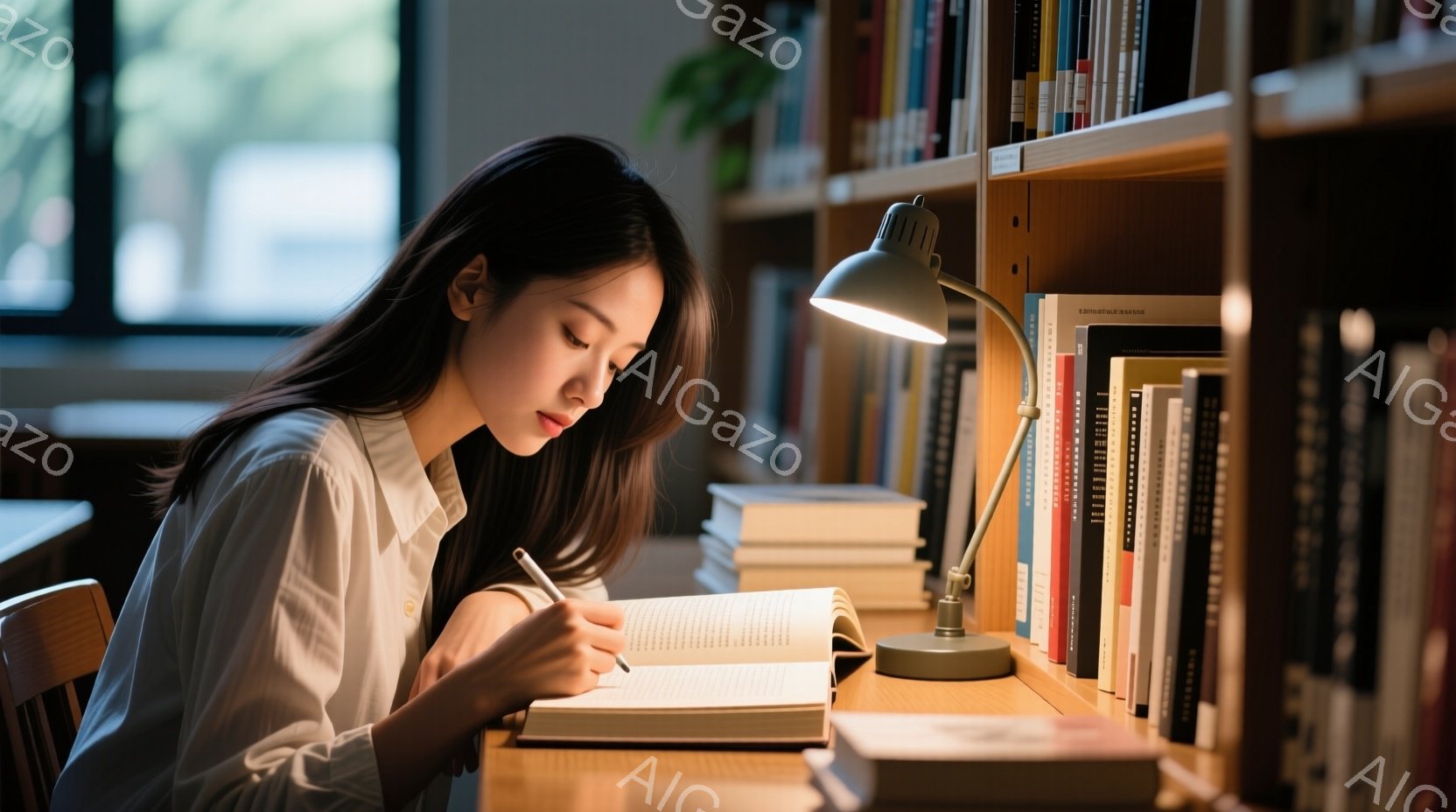 長い黒髪を後ろに流した女性が、開いた本にペンで書き込みをしています。彼女は白いシャツを着ており、集中した表情で前かがみになって本を読んでいます。背景には本棚が並び、明るいランプが机を照らし、学習に集中 - AI生成フリー素材