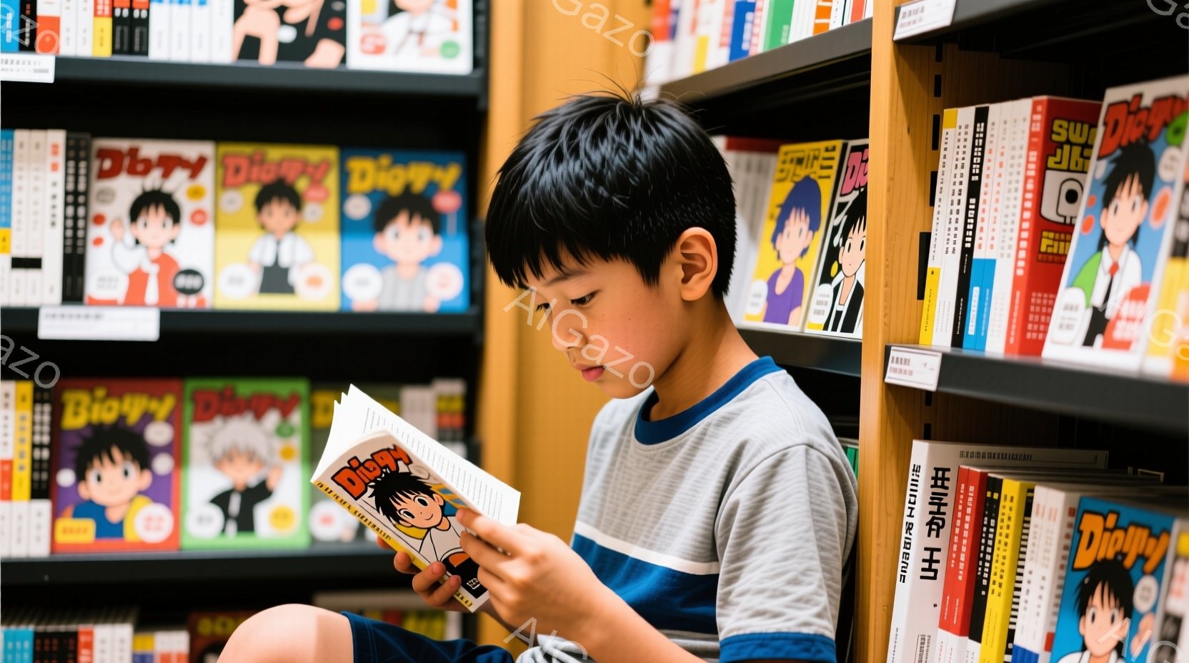 男の子は本を熱心に読んでいる。彼はグレーのTシャツとブルーのショーツを着ており、黒い短い髪をしている。背景には、たくさんの漫画が並んだ本棚があり、活気のある読書空間を演出している。