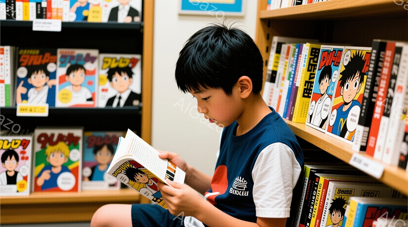 男の子が漫画を熱心に読んでいます。彼は青いTシャツに黒いズボンを着用し、短く整った黒髪を持っています。背景には様々な漫画が並んだ本棚があり、明るく活気のある雰囲気です。