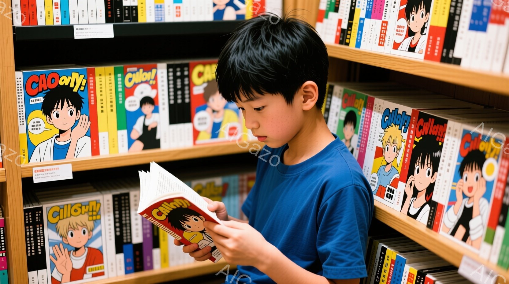 少年は青いTシャツを着て、漫画の棚の前で本を読んでいます。彼は少し前かがみになり、真剣な表情で本に集中しているようです。背景にはカラフルな漫画が並んだ本棚がびっしりとあり、活気のある読書スペースが広がっています。