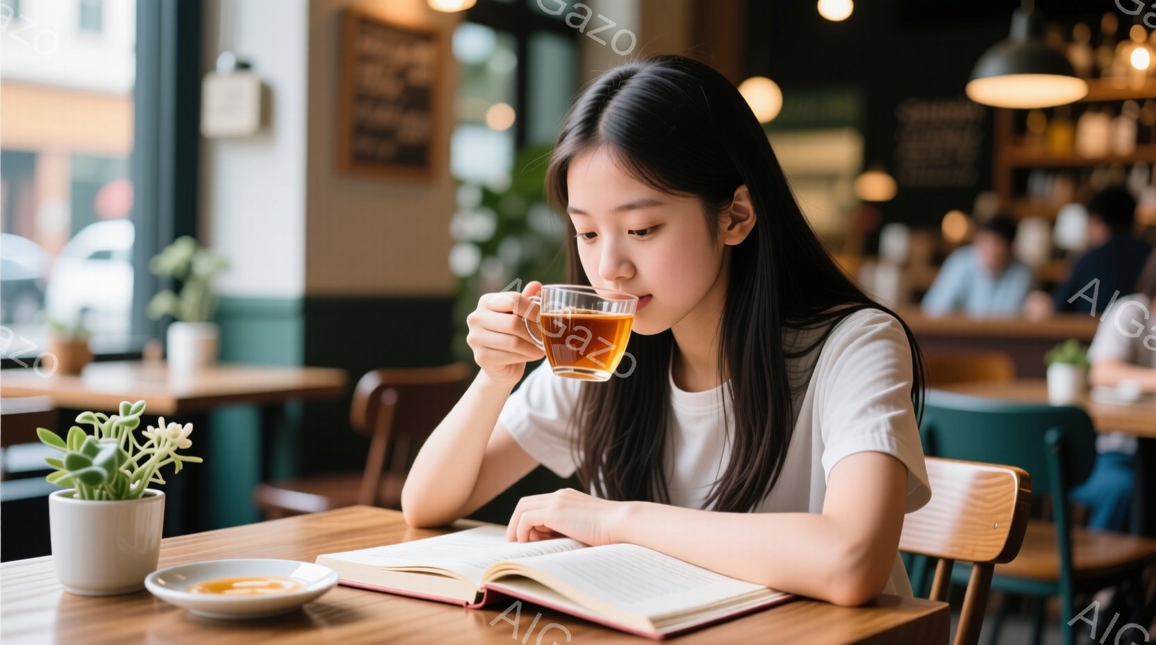 長い黒髪をセンターパートにした若い女性が、温かい飲み物を手に本を読んでいます。彼女は白いTシャツを着ており、リラックスした表情で、まるでカフェで静かに時間を過ごしているようです。背景には他の客や植物が見え、暖色系の照明が穏やかな雰囲気を醸し出しています。