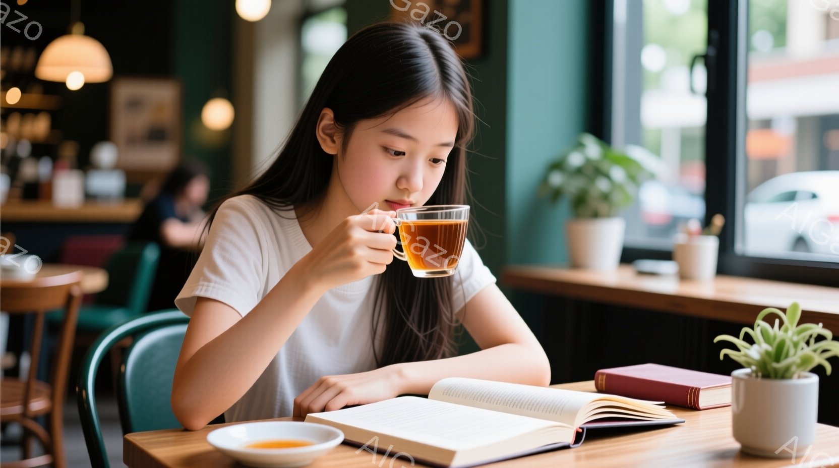 若い女性がカフェで本を読みながら温かい飲み物を飲んでいます。彼女は白いTシャツを着て、長い黒髪をしています。窓から差し込む光が彼女を照らし、背景にはぼやけたカフェの様子が見え、穏やかでリラックスした雰 - AI生成フリー素材