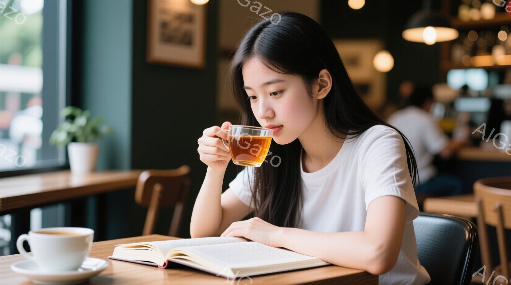 長い黒髪をなびかせた女性が、窓際のカフェで本を読みながら温かい飲み物を飲んでいます。白いTシャツを着ており、リラックスした表情で、落ち着いた雰囲気を醸し出しています。背景には、他の客やカフェのインテリアが見え、穏やかで静かな時間が流れているようです。