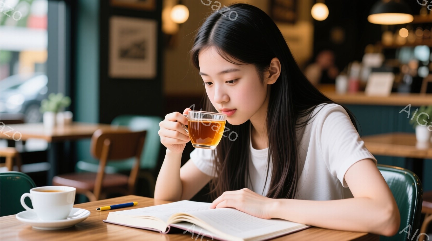 長い黒髪をセンターパートにした若い女性がカフェに座り、開いたノートに向かって紅茶を飲んでいます。白いTシャツを着ており、少し微笑んでいるような穏やかな表情をしています。背景には他の客やテーブル、そして - AI生成フリー素材