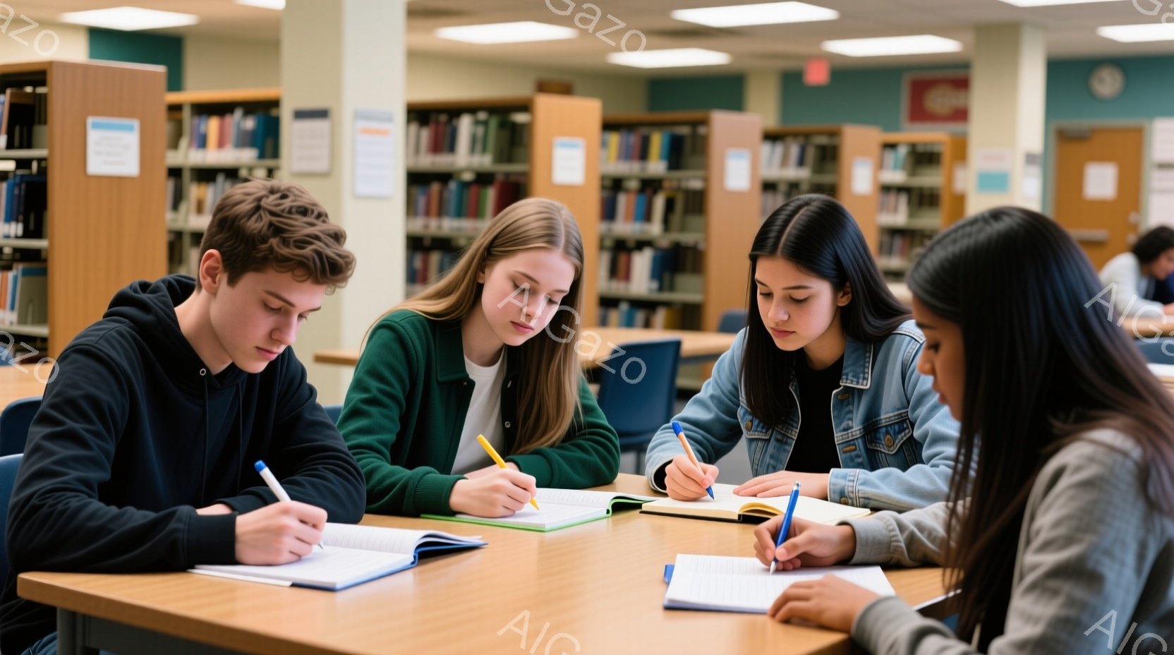 図書館のテーブルを囲み、四人の学生がノートに集中して書き込みをしている様子が描かれています。彼らはカジュアルな服装で、濃い色のセーターやデニムジャケットを着ており、真剣な表情で下を向いています。背景に - AI生成フリー素材